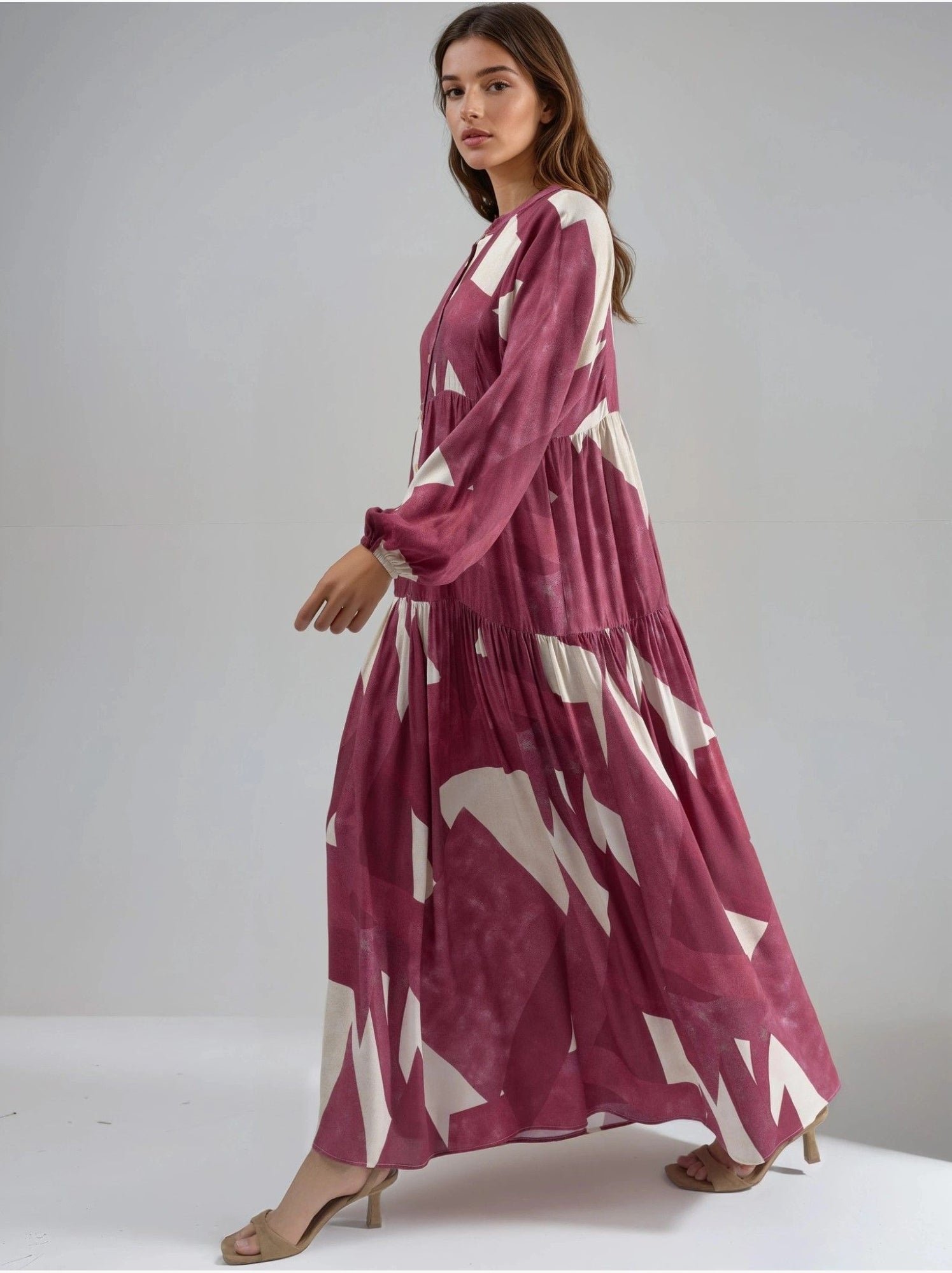 Robe longue imprimée à manches longues en viscose - Rouge