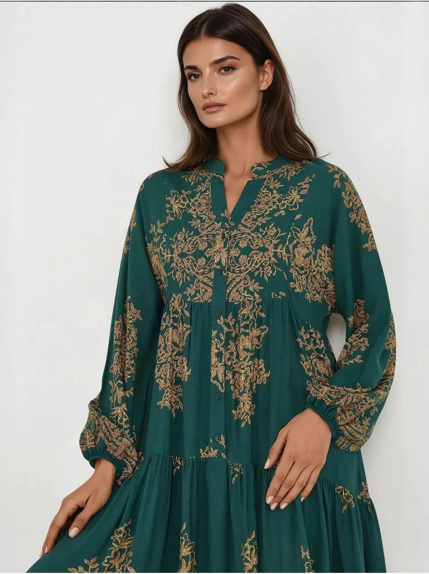Robe longue imprimée à manches longues en viscose - Vert foncé