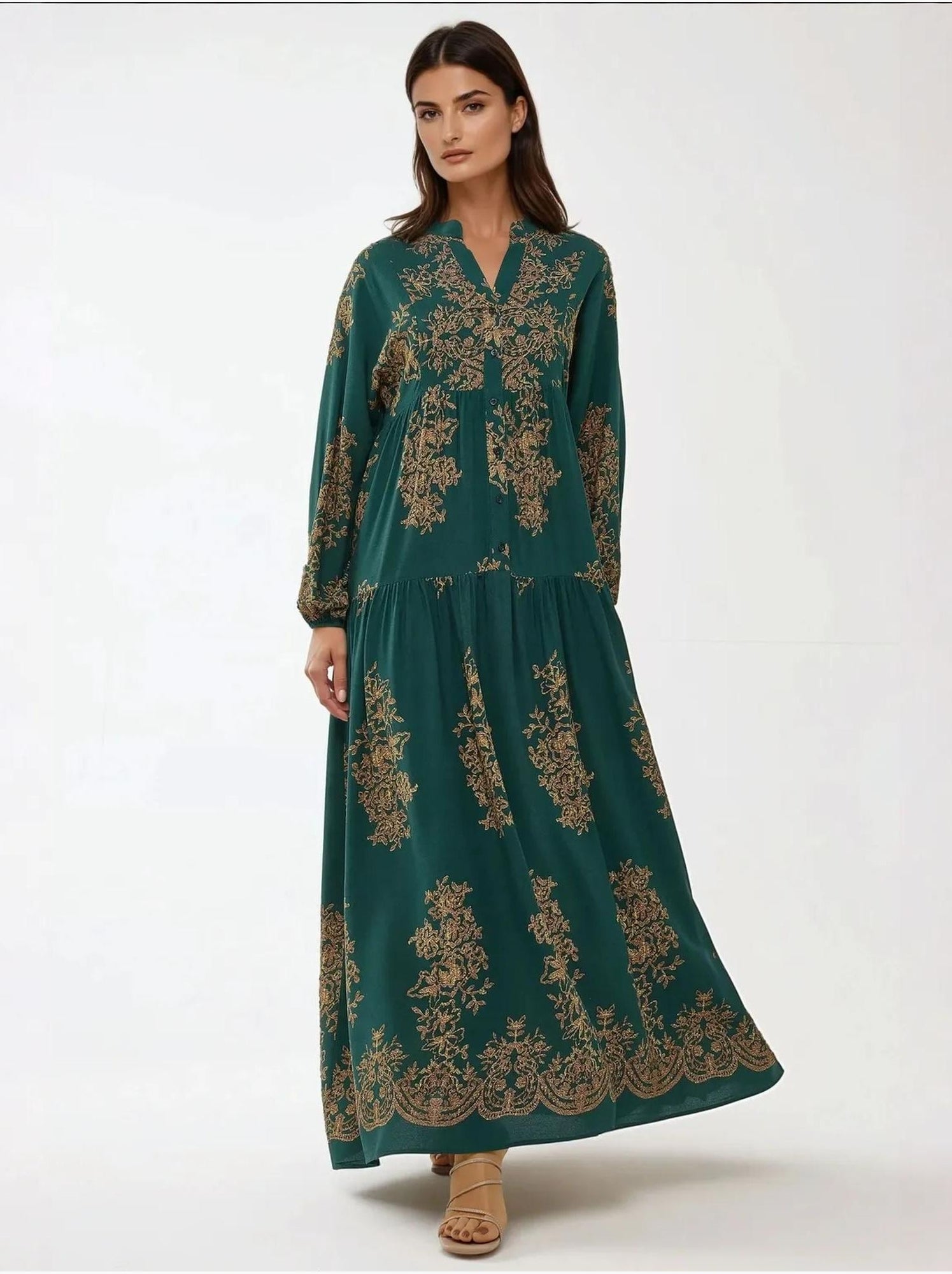 Robe longue imprimée à manches longues en viscose - Vert foncé