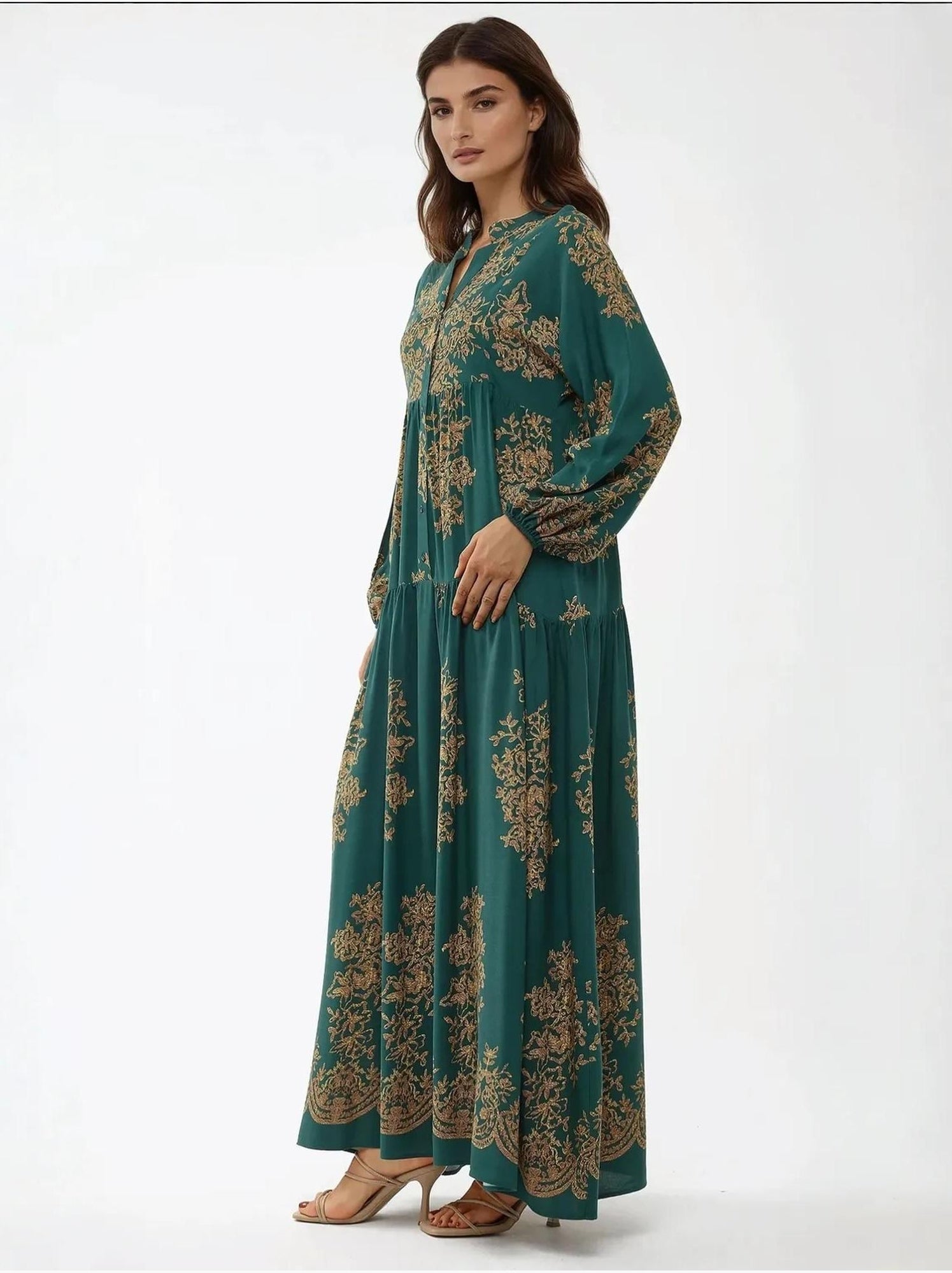 Robe longue imprimée à manches longues en viscose - Vert foncé