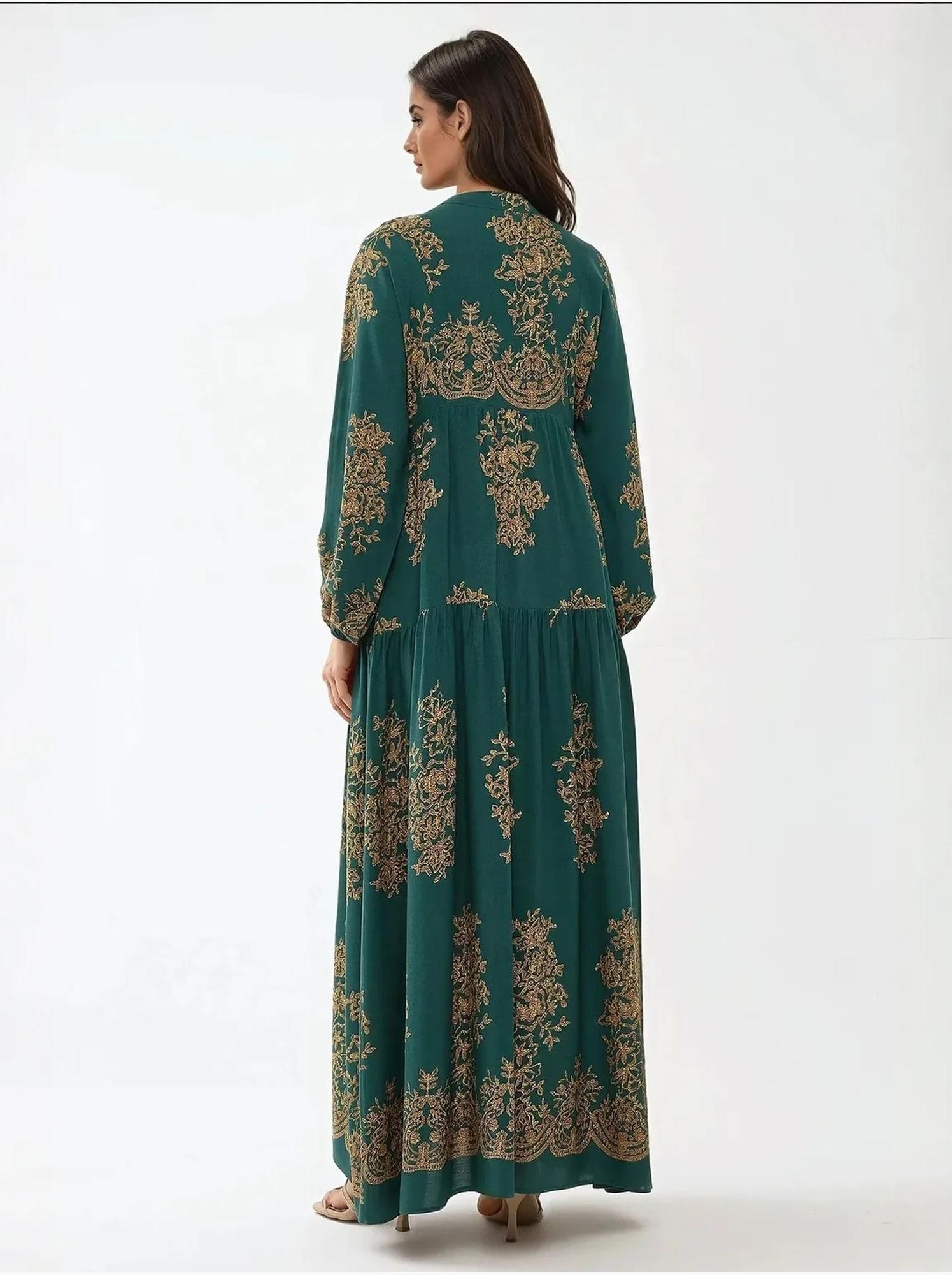 Robe longue imprimée à manches longues en viscose - Vert foncé