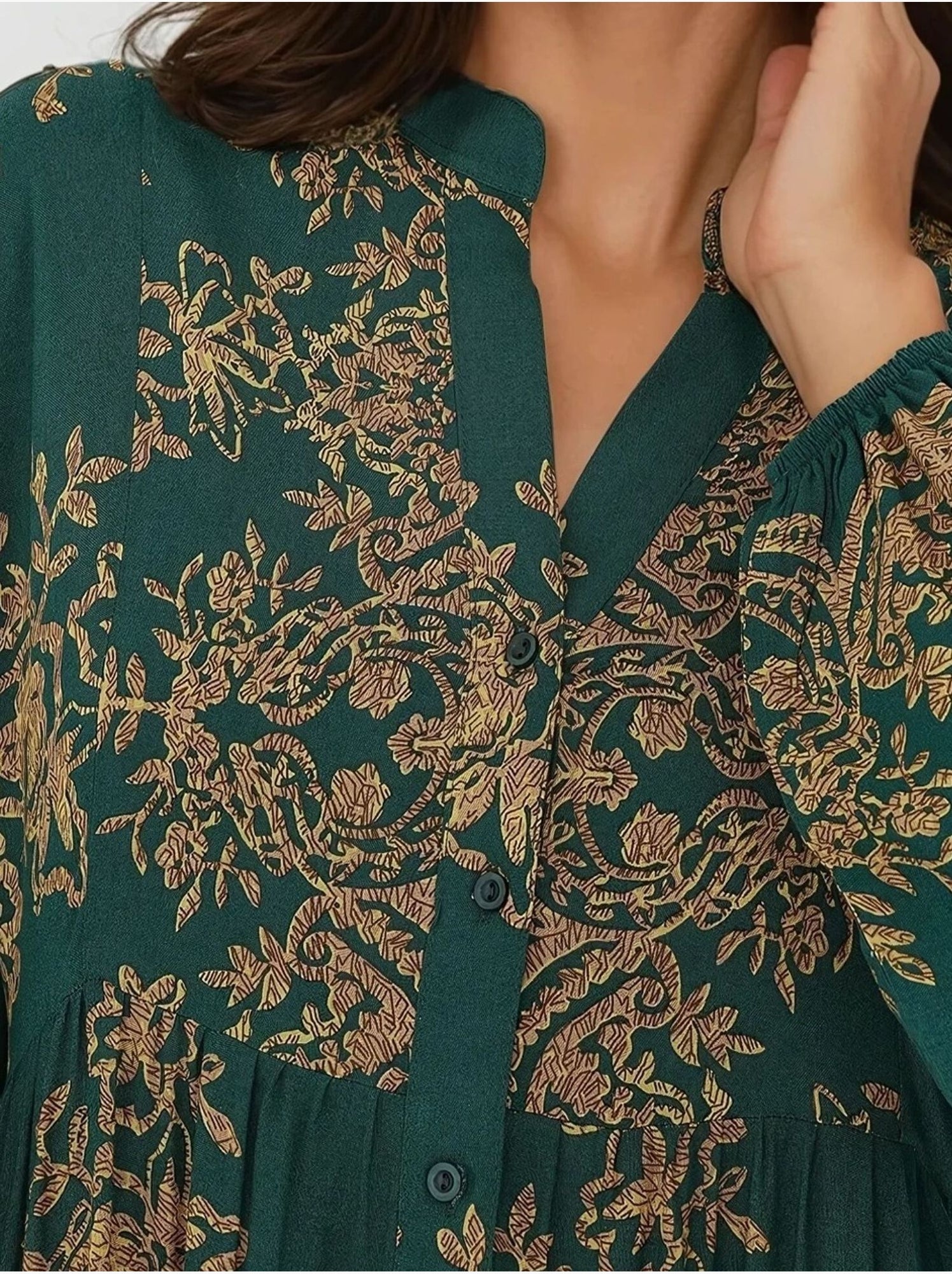 Robe longue imprimée à manches longues en viscose - Vert foncé