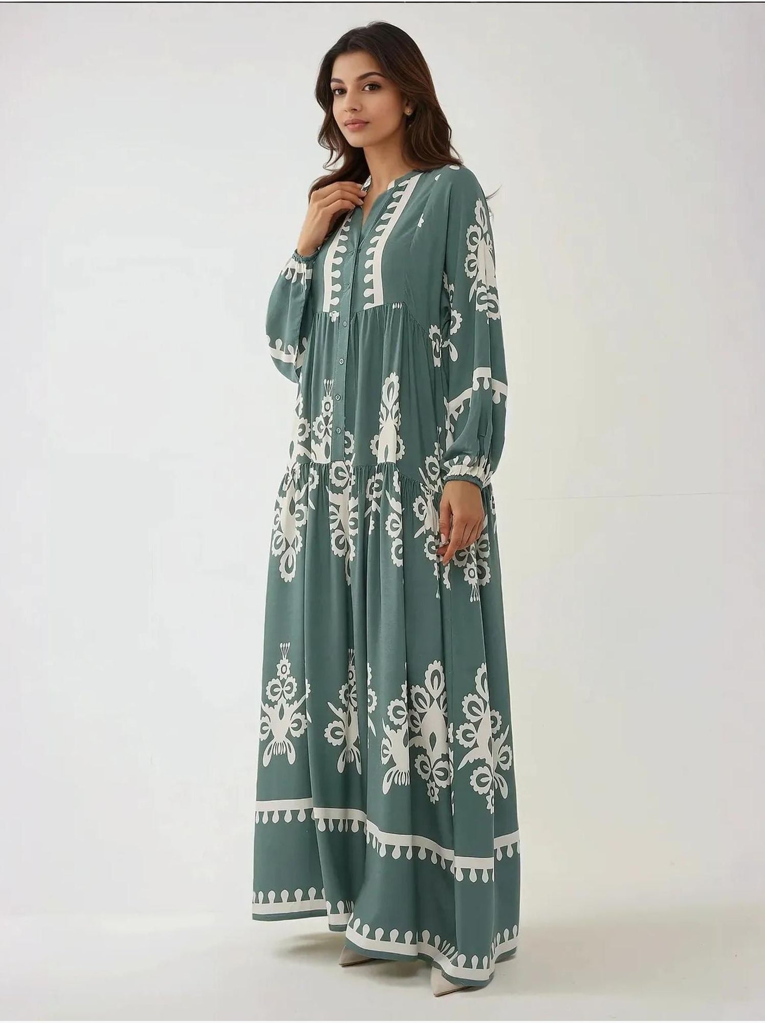Robe longue imprimée à manches longues en viscose - Vert pastel