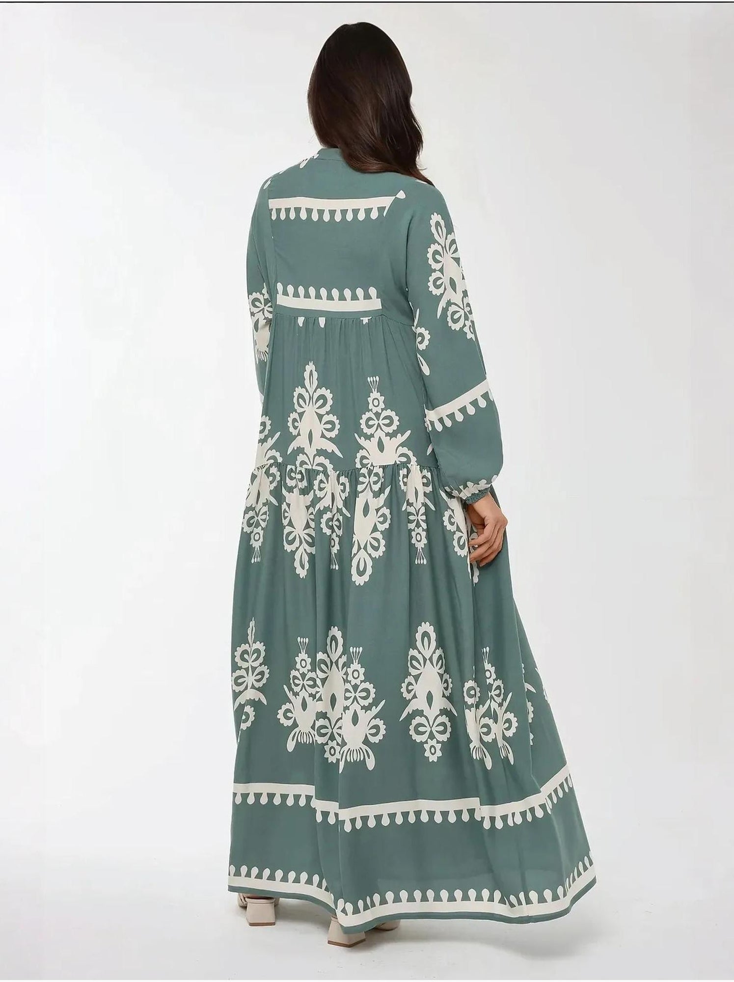 Robe longue imprimée à manches longues en viscose - Vert pastel