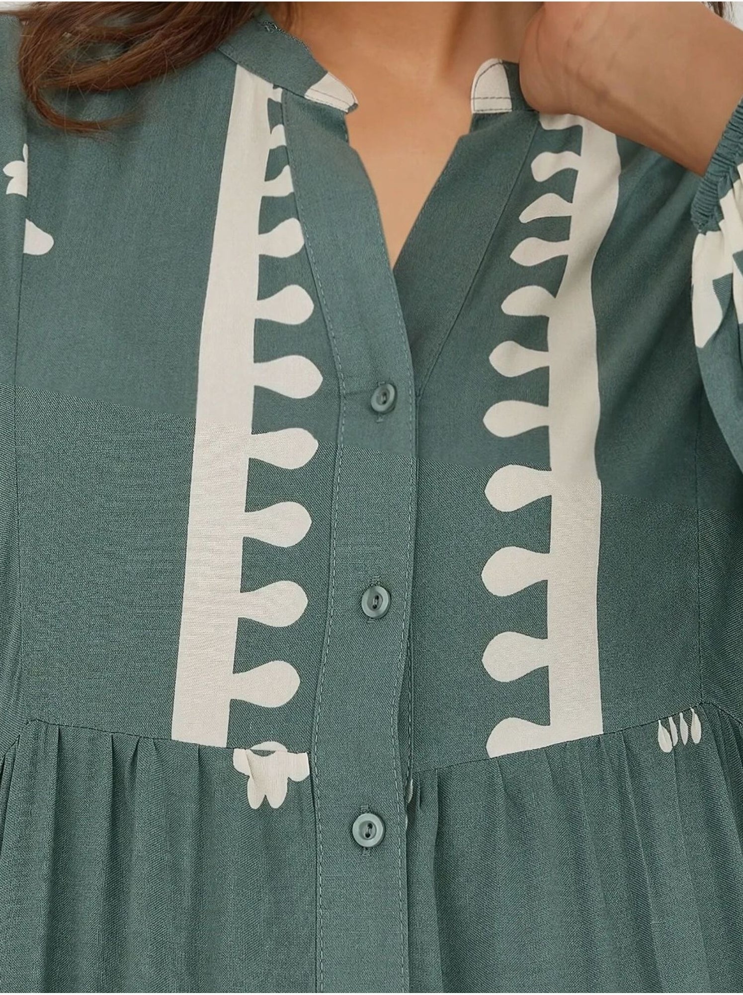 Robe longue imprimée à manches longues en viscose - Vert pastel