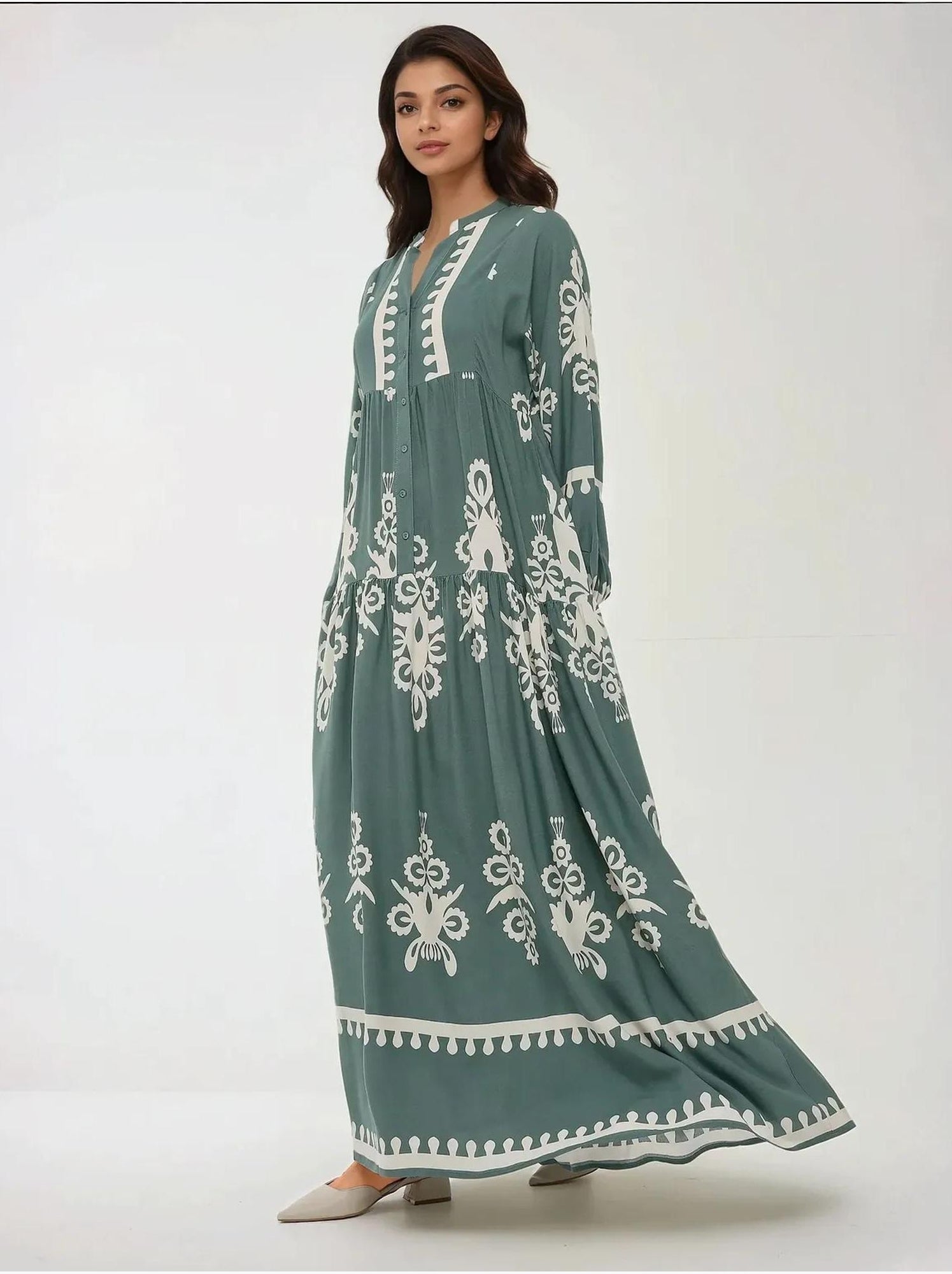 Robe longue imprimée à manches longues en viscose - Vert pastel