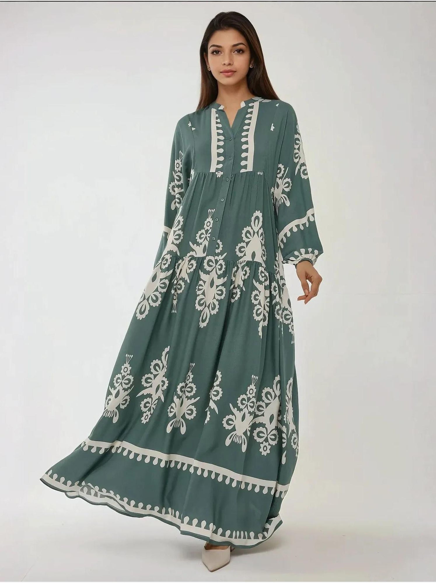 Robe longue imprimée à manches longues en viscose - Vert pastel