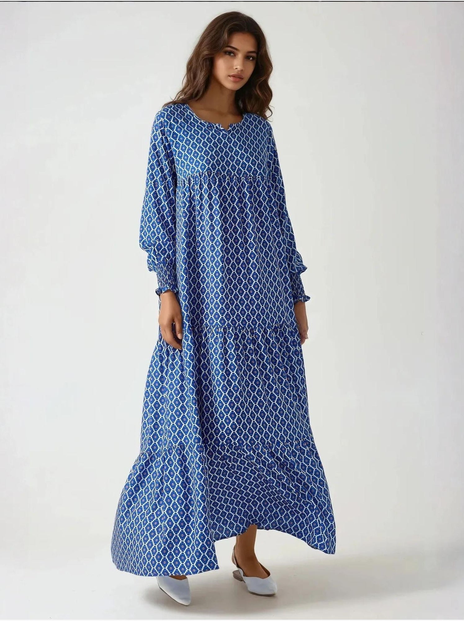 Robe longue imprimée en viscose à col ras du cou - Bleu marine