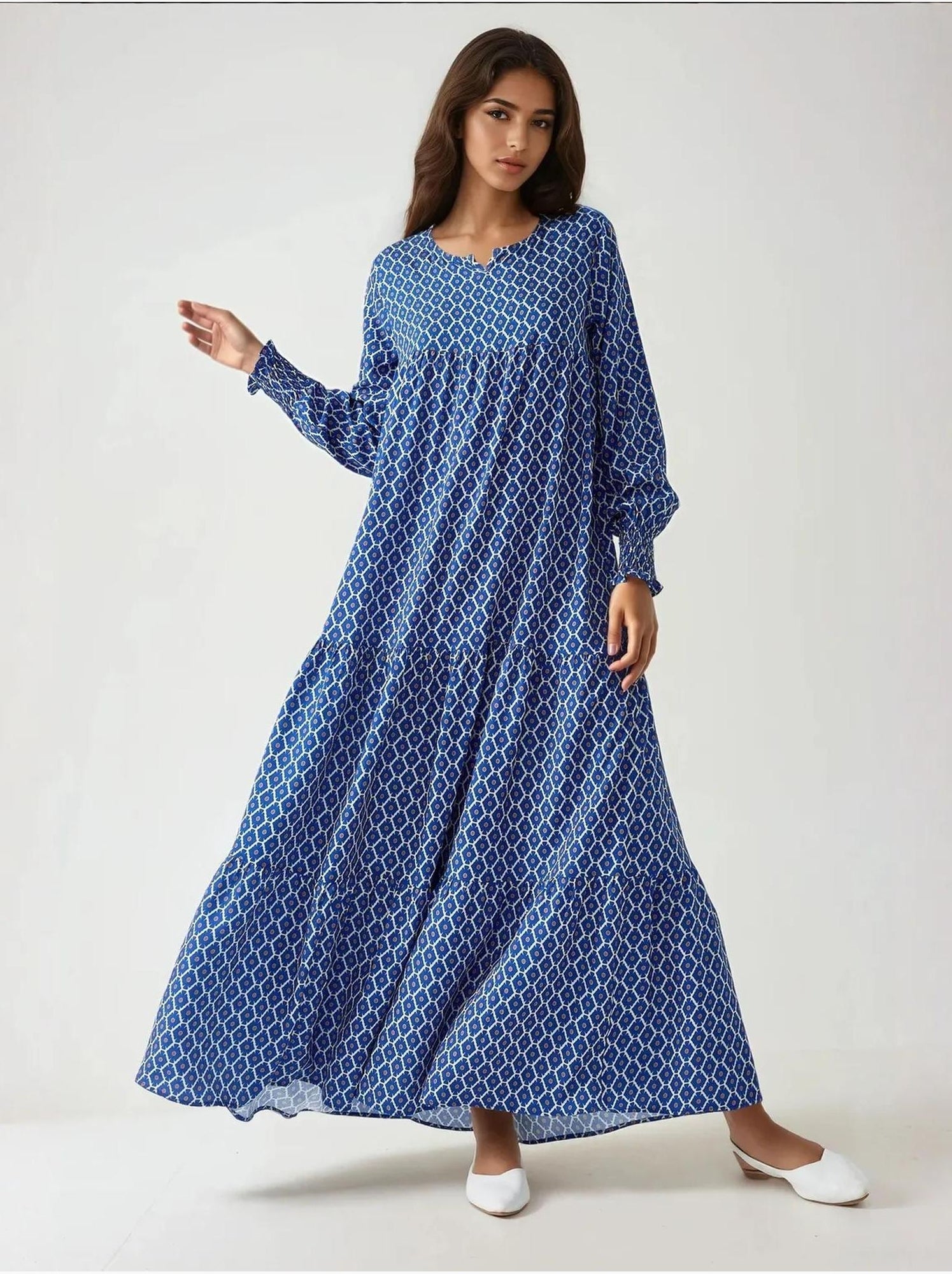 Robe longue imprimée en viscose à col ras du cou - Bleu marine