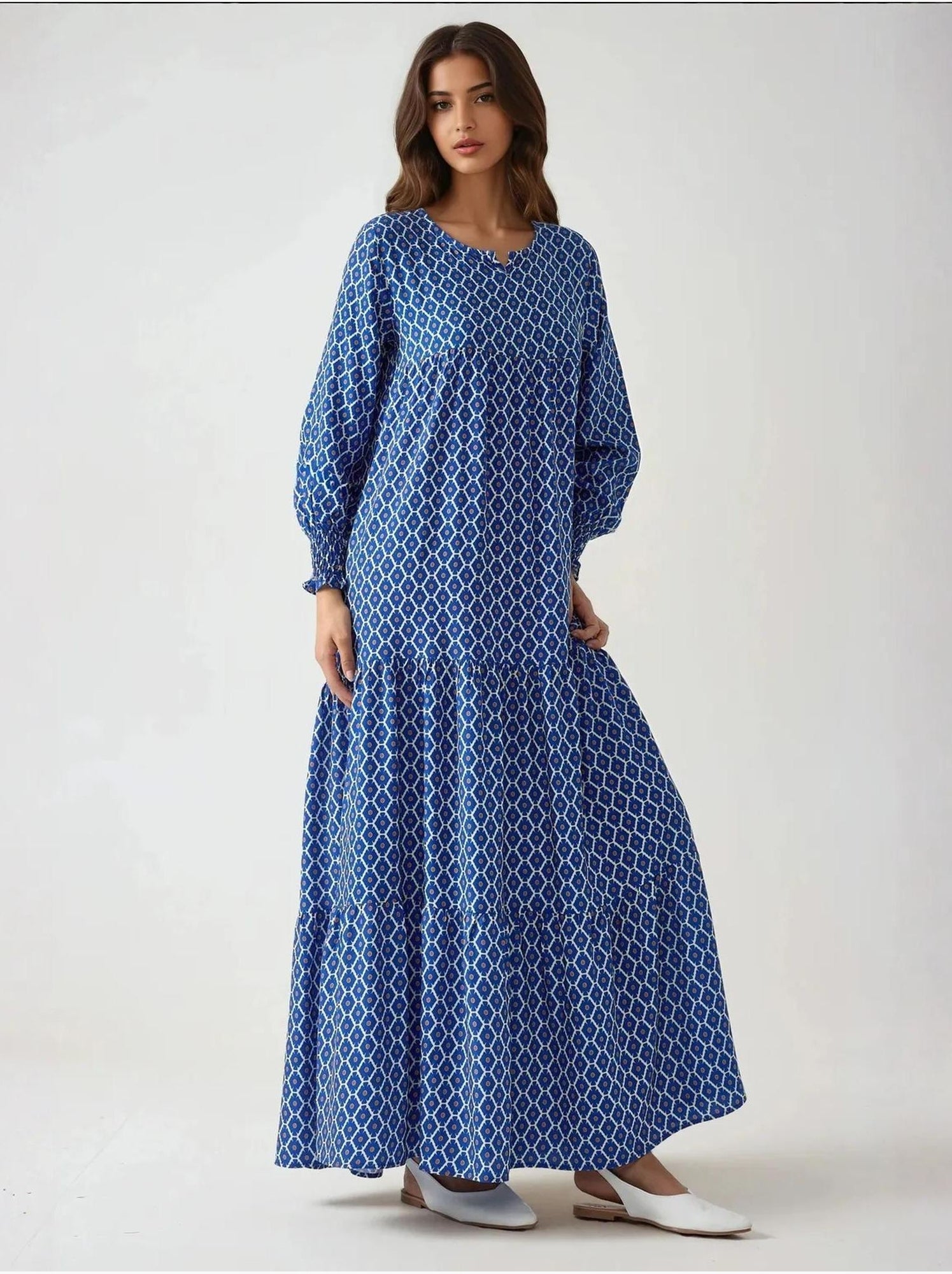 Robe longue imprimée en viscose à col ras du cou - Bleu marine