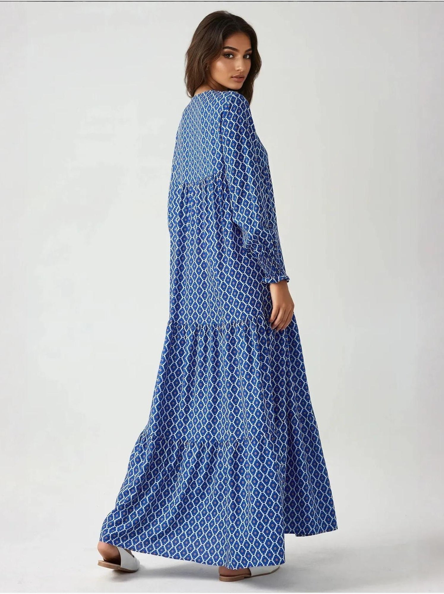 Robe longue imprimée en viscose à col ras du cou - Bleu marine