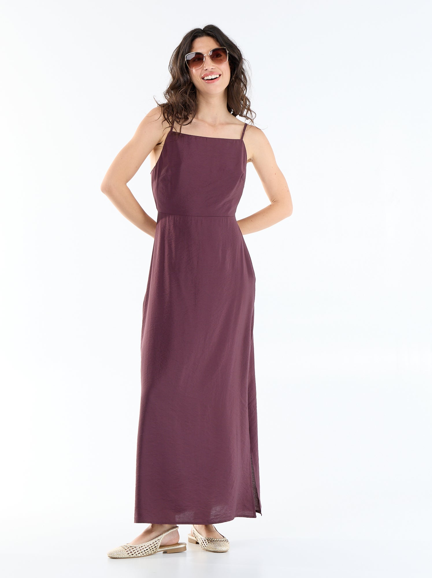 Robe longue satinée à fines bretelles - Violet