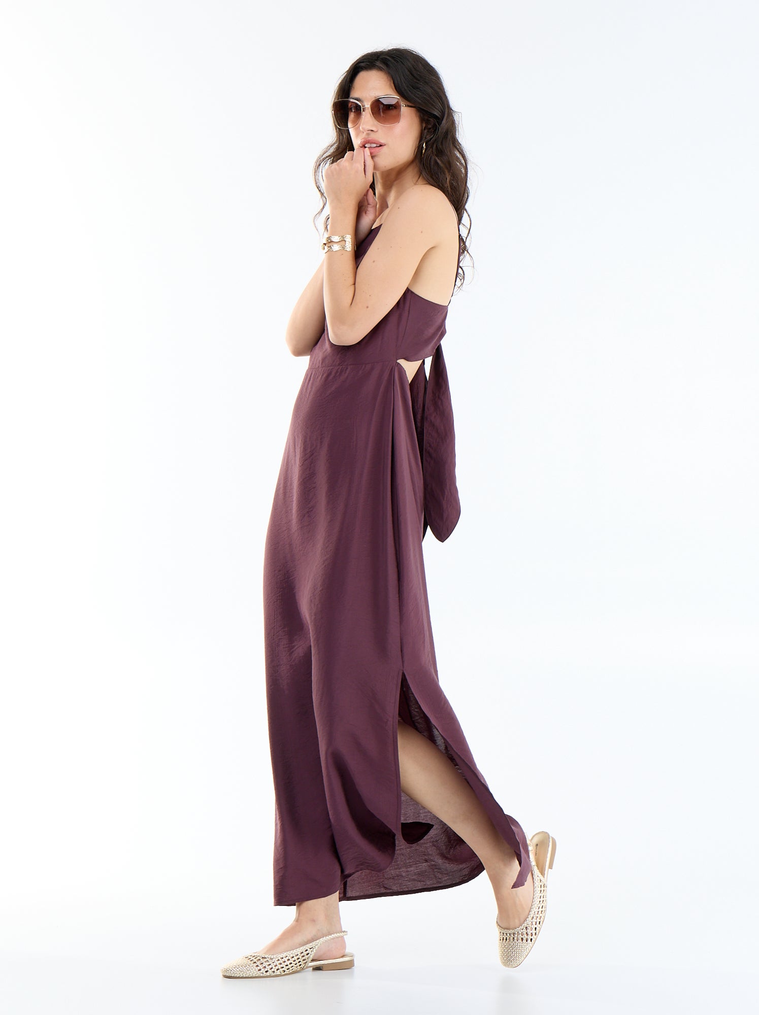 Robe longue satinée à fines bretelles - Violet