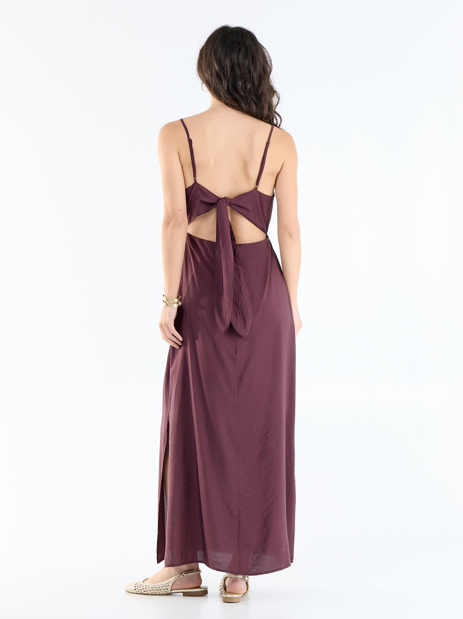 Robe longue satinée à fines bretelles - Violet
