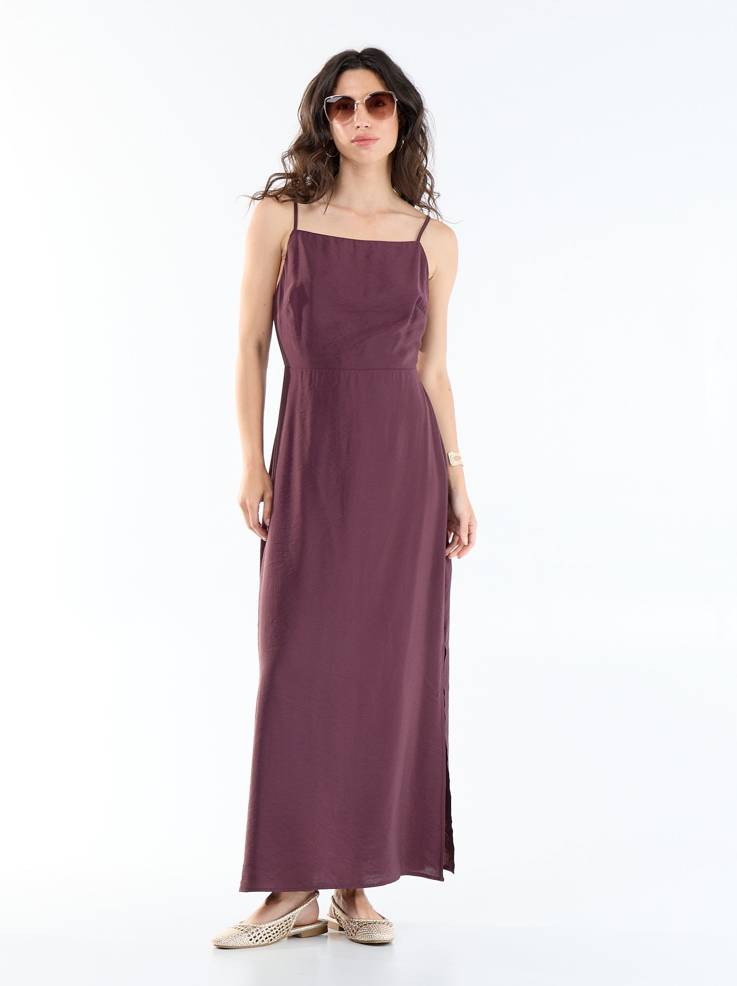 Robe longue satinée à fines bretelles - Violet