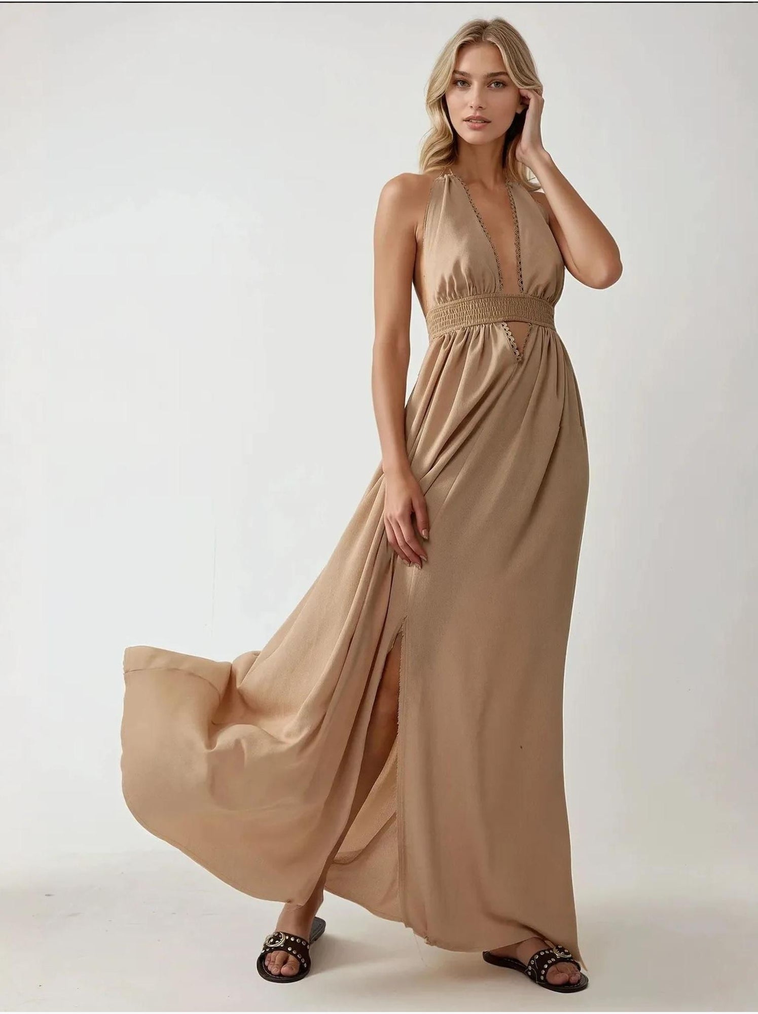 Robe longue trapèze à col en v - Camel