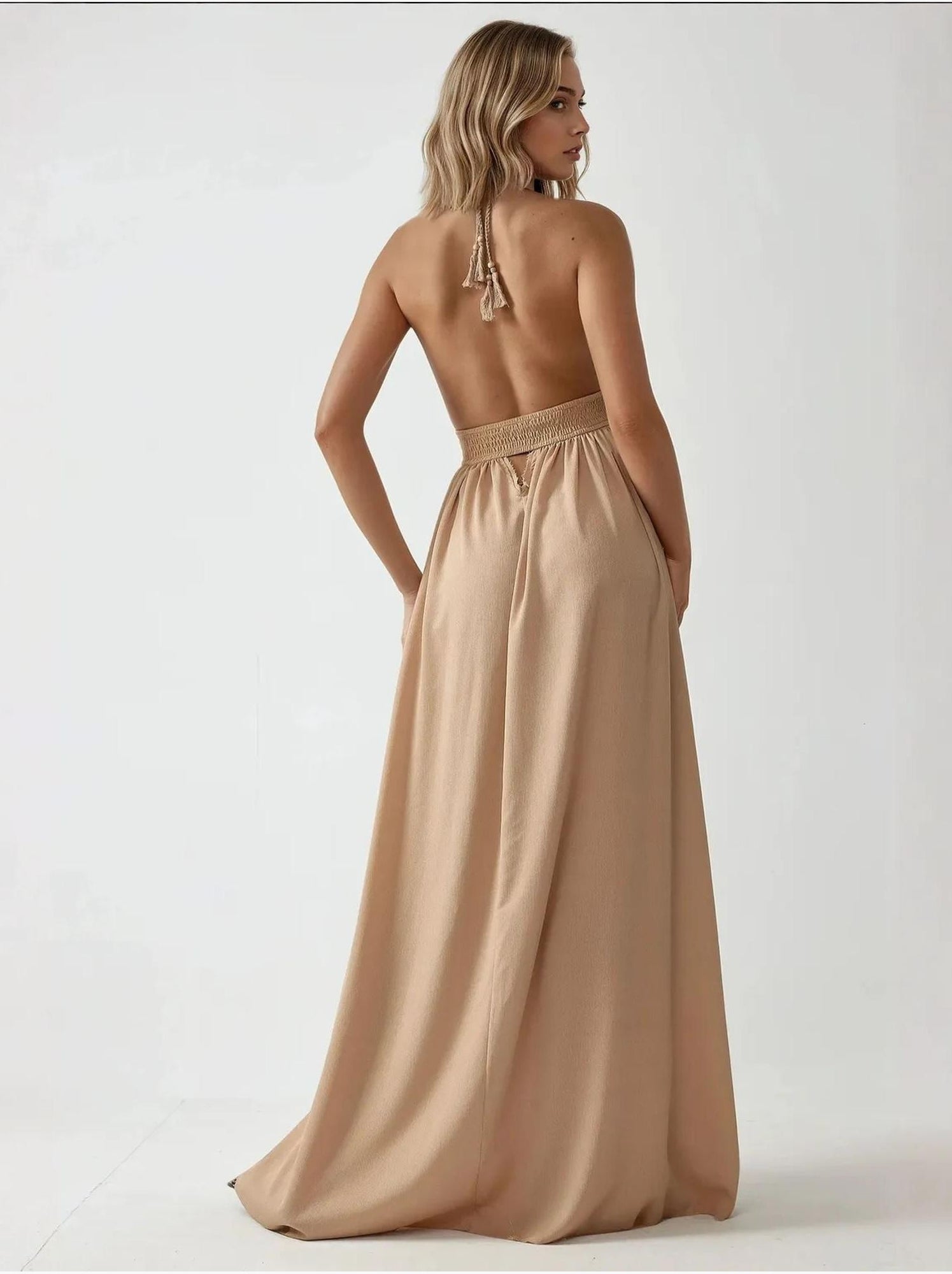 Robe longue trapèze à col en v - Camel