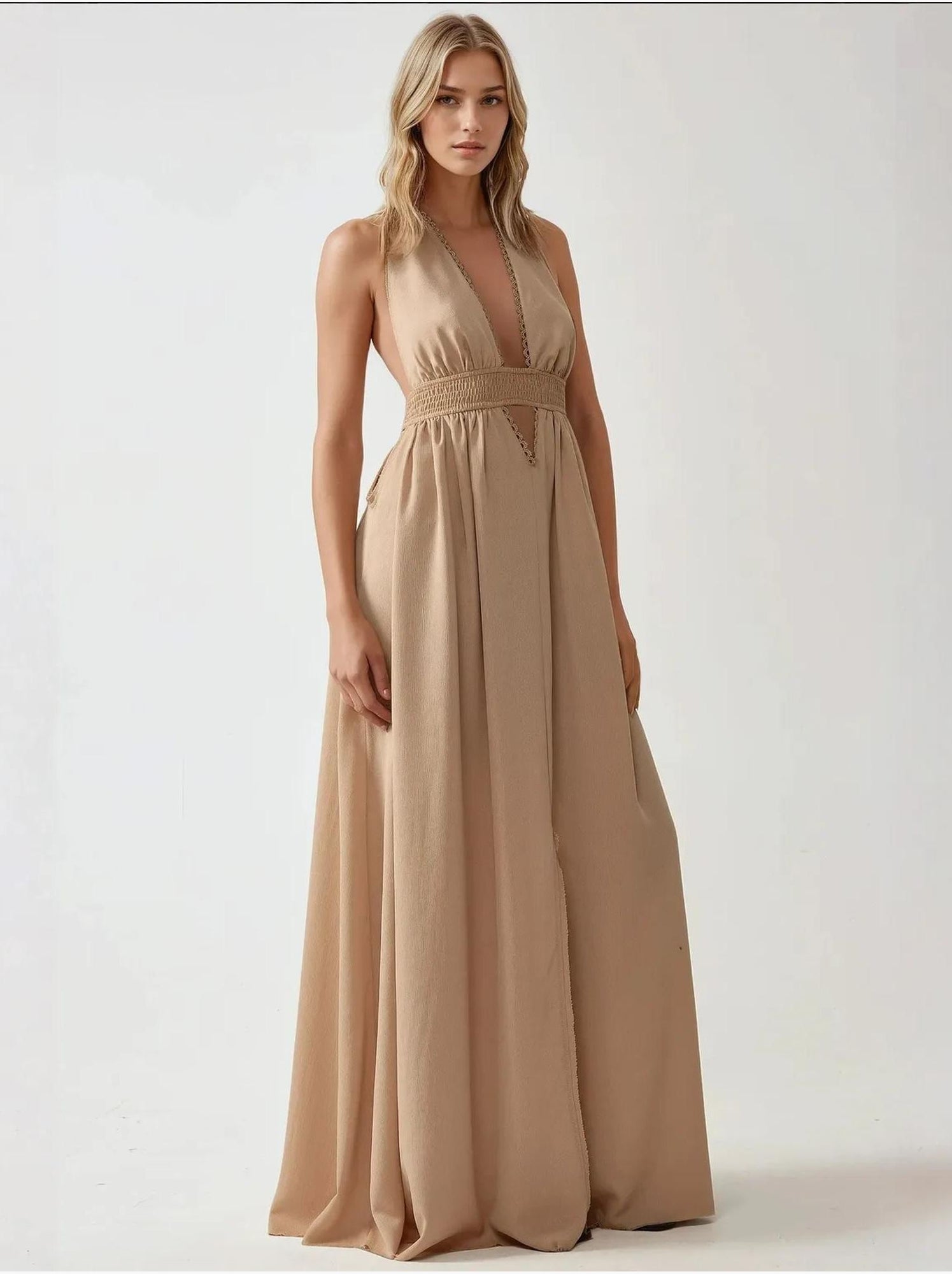 Robe longue trapèze à col en v - Camel