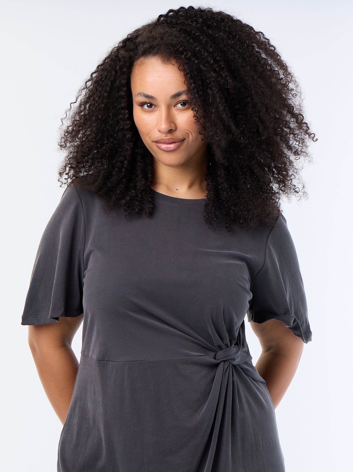 Robe longue unie avec nœud devant - Noir