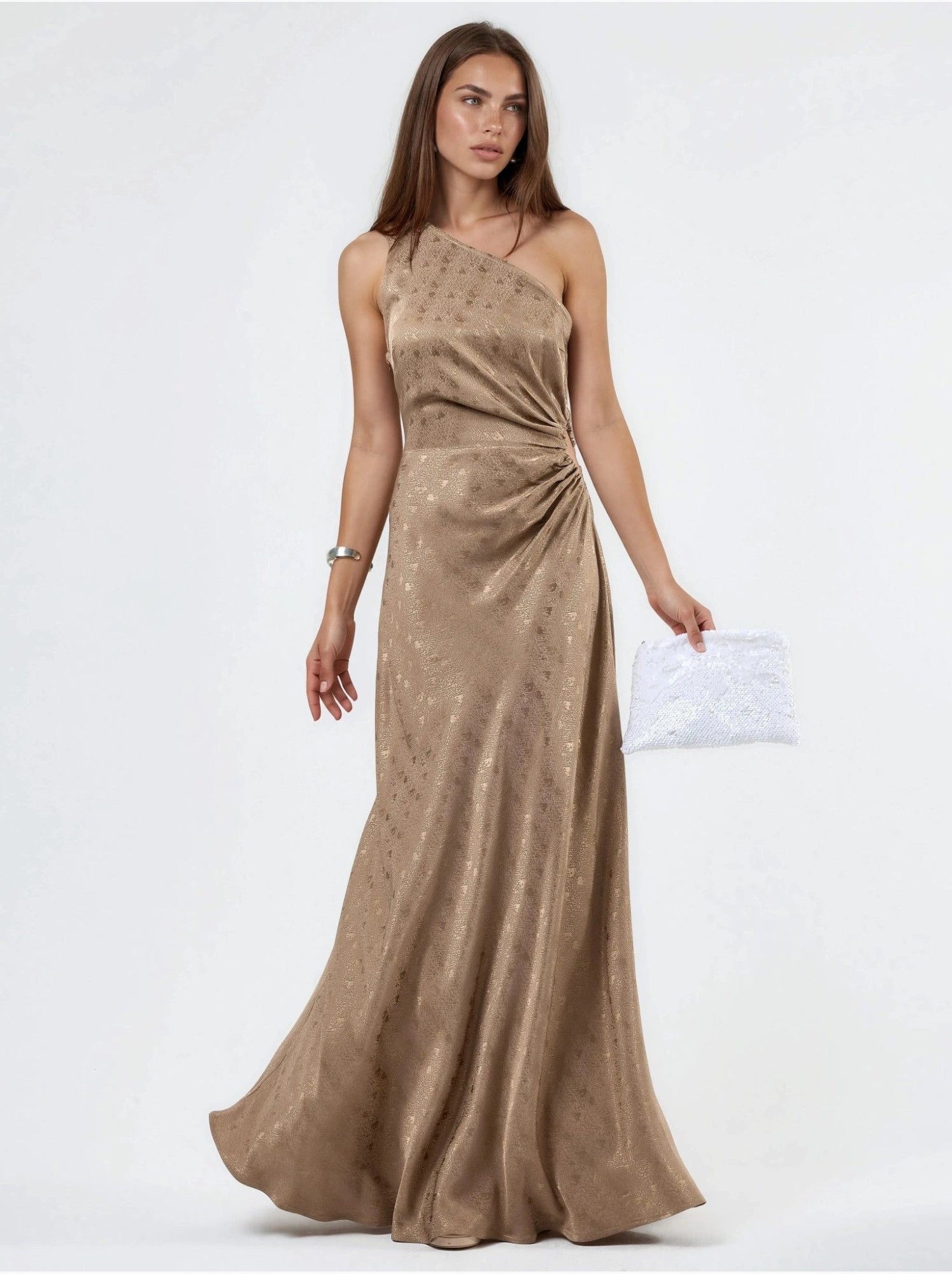 Robe maxi à col asymétrique et motifs - Camel