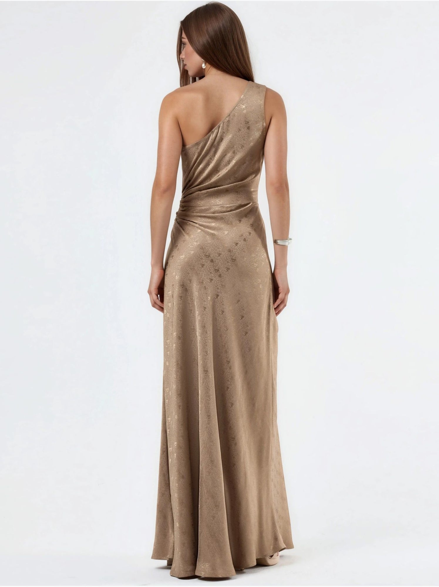 Robe maxi à col asymétrique et motifs - Camel