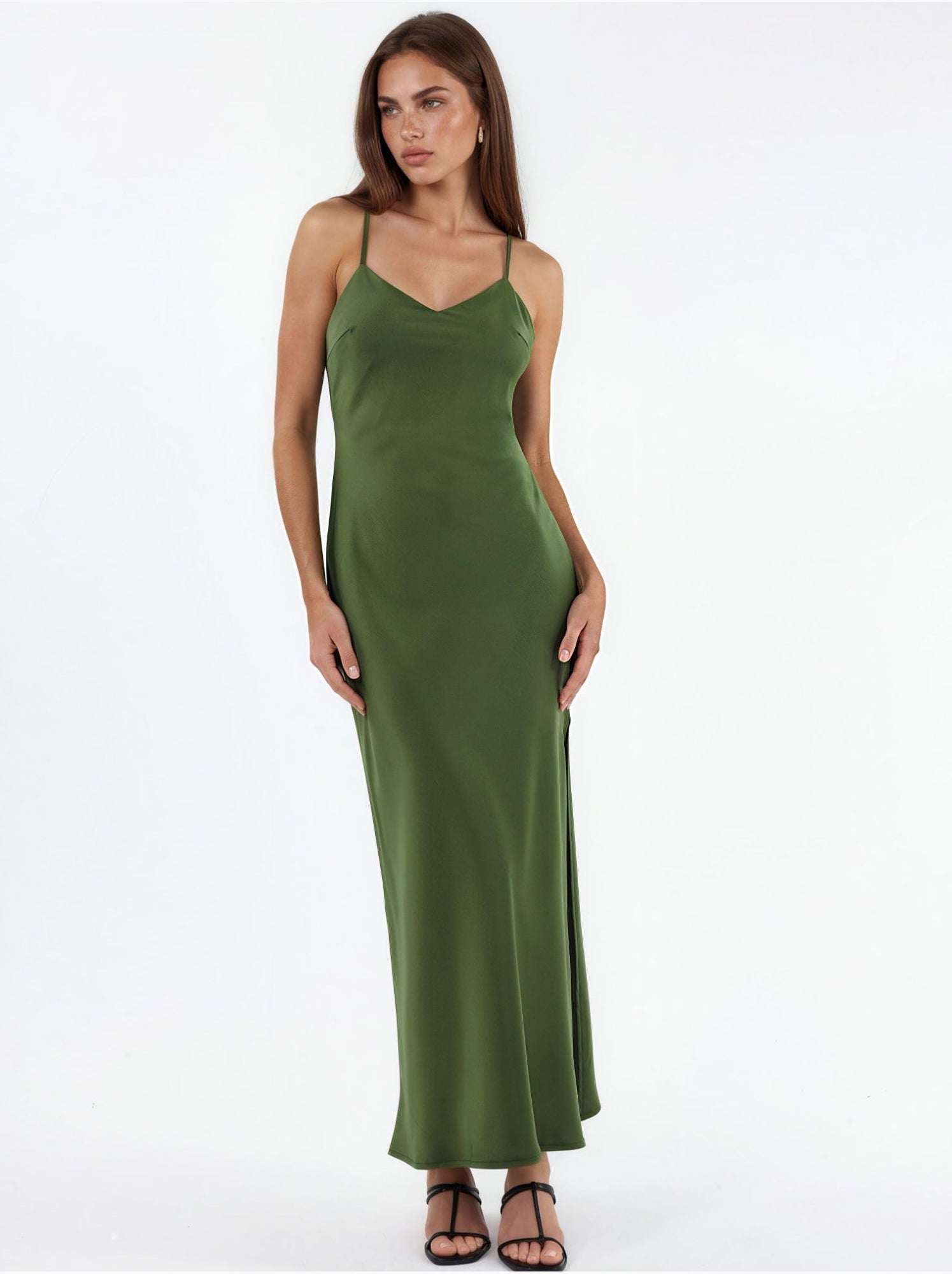 Robe midi en satin - Kaki