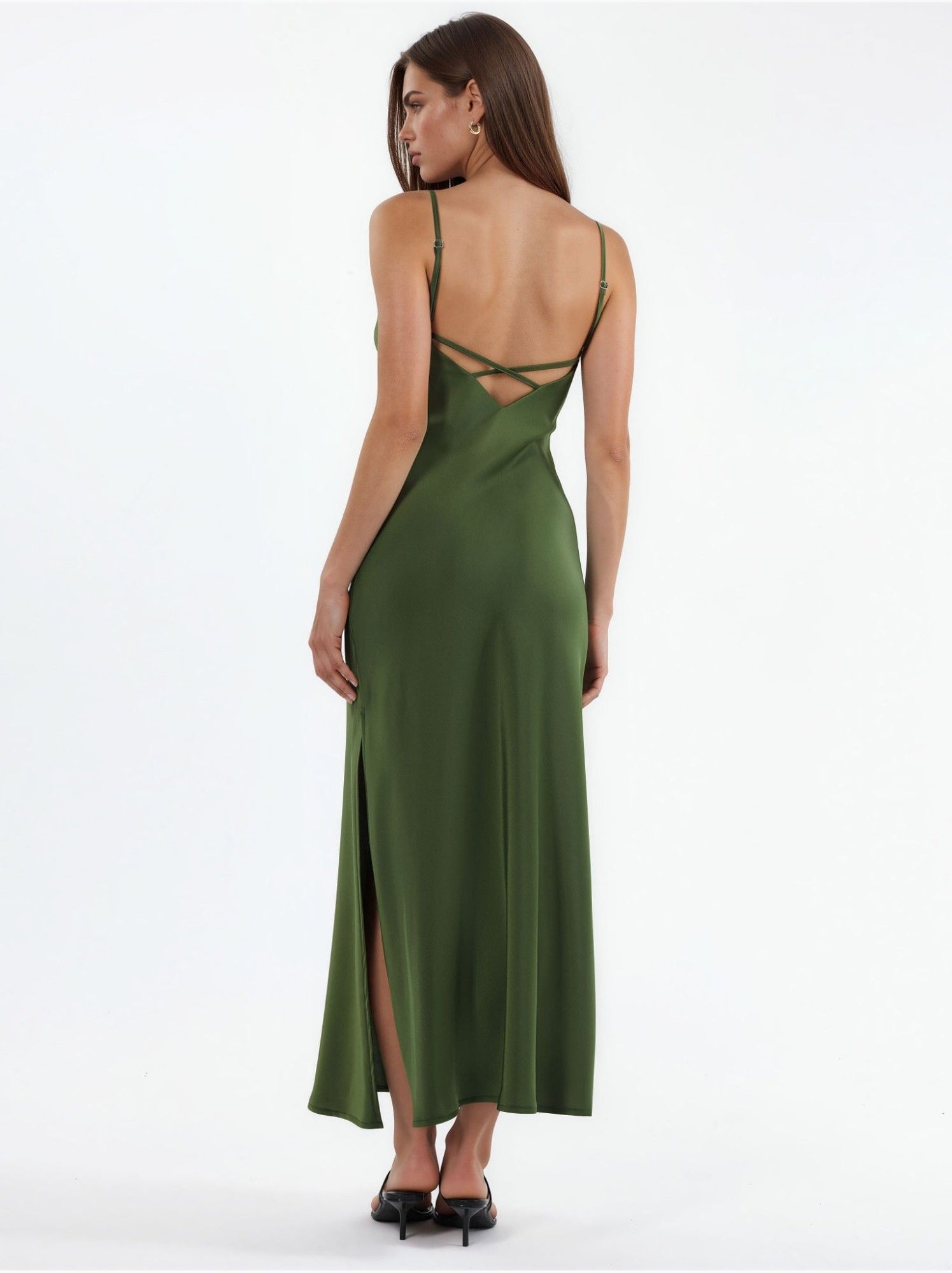 Robe midi en satin - Kaki