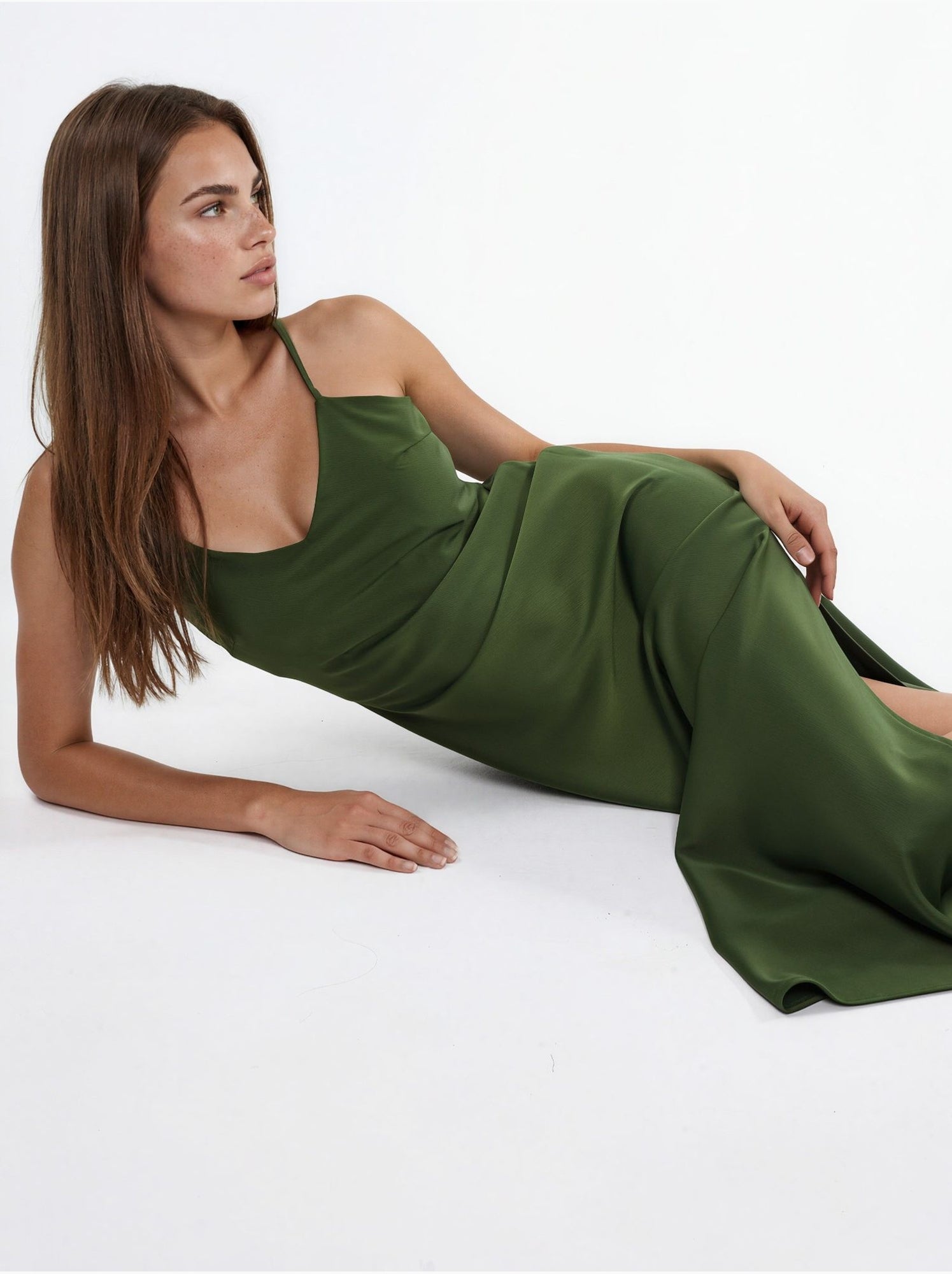 Robe midi en satin - Kaki