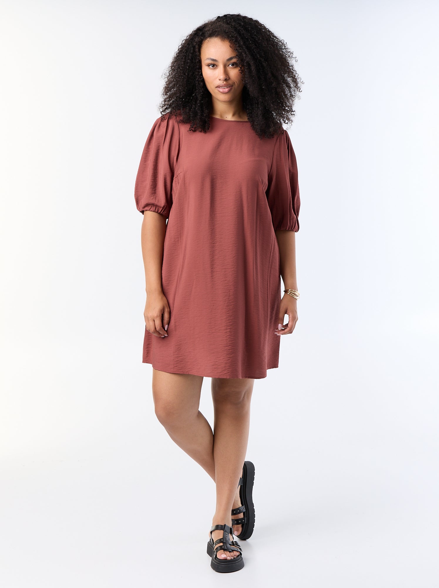 Robe midi manches ballon - Marron