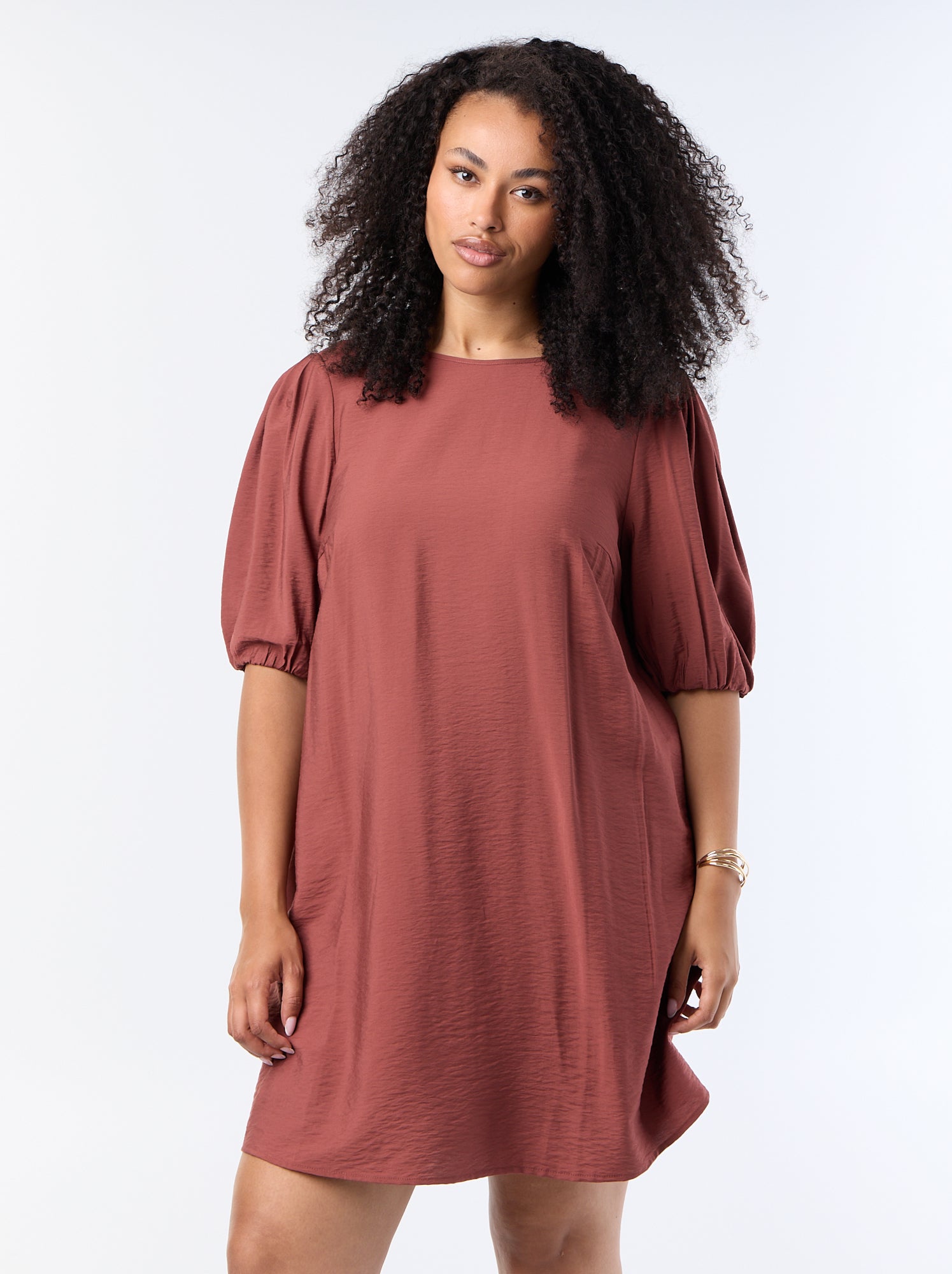 Robe midi manches ballon - Marron