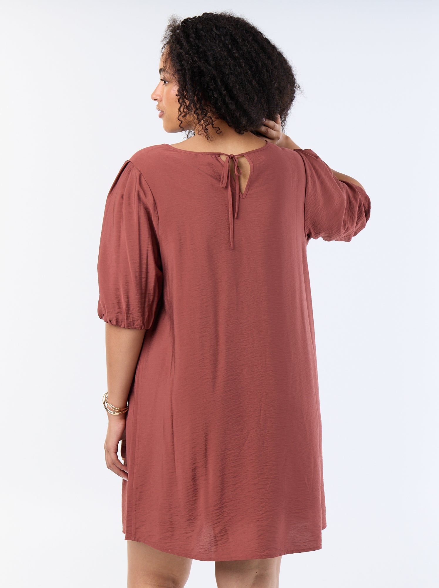 Robe midi manches ballon - Marron