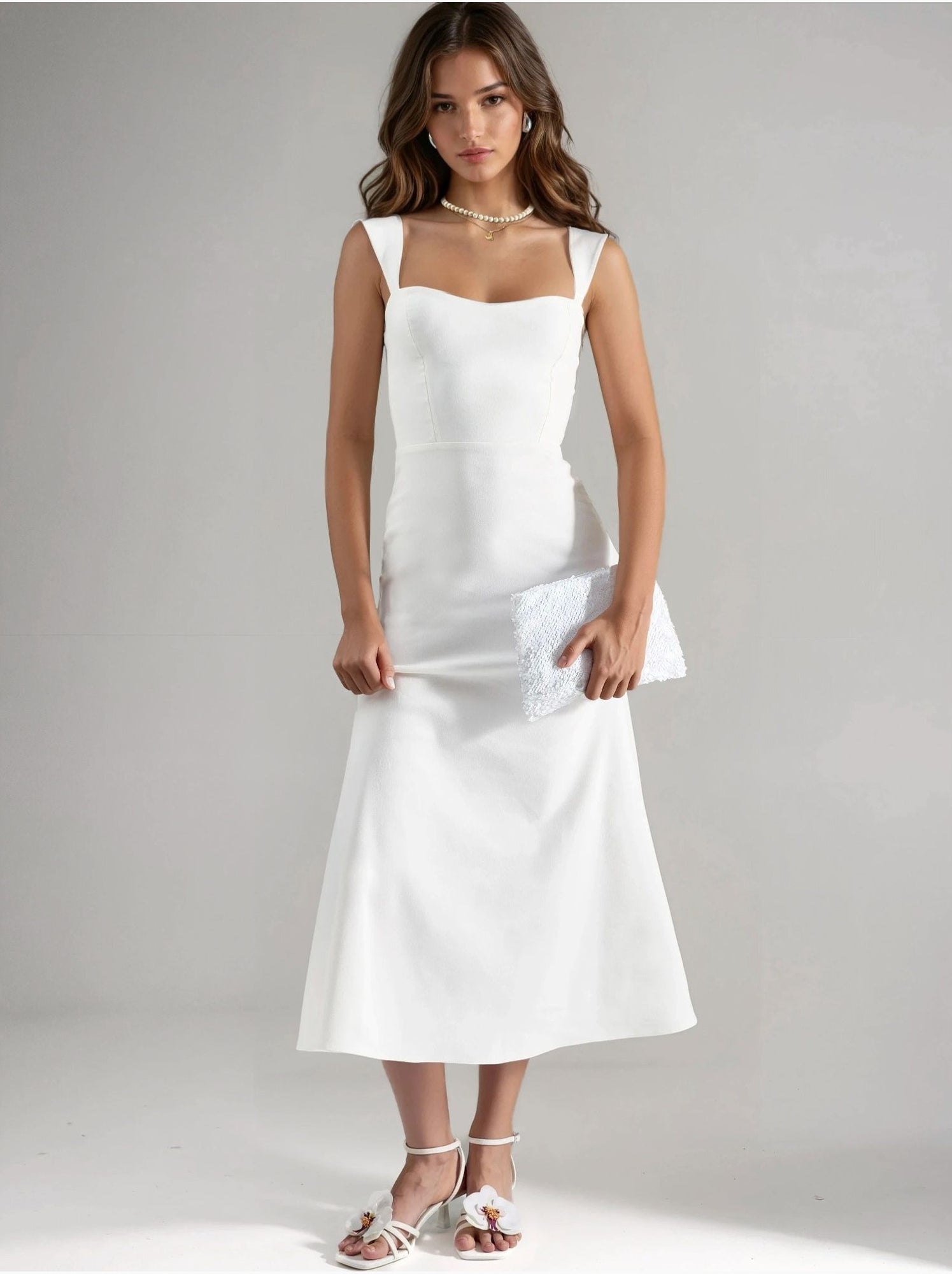 Robe midi trapèze à col cœur - Blanc