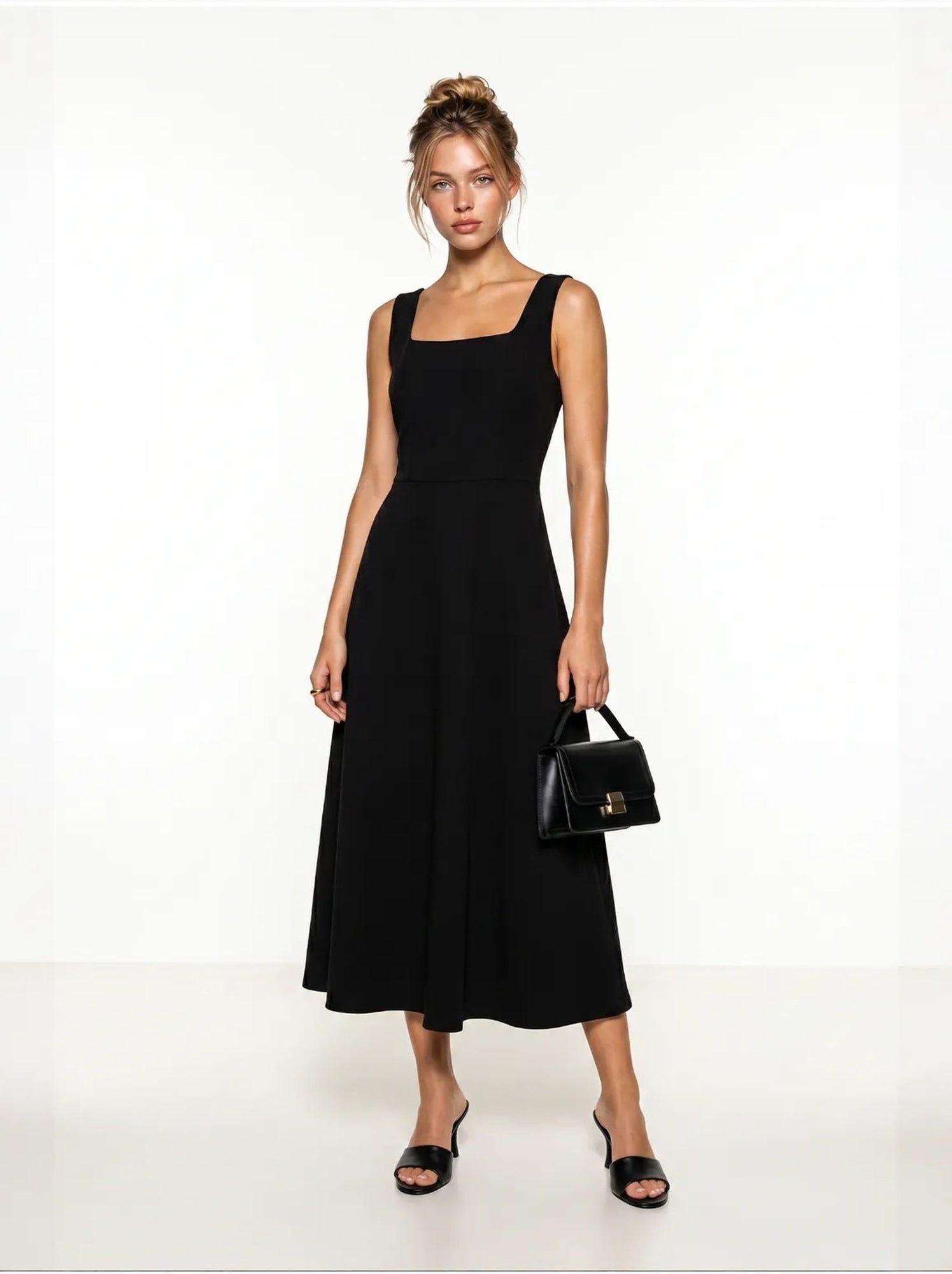 Robe midi trapèze en popeline de coton istanbul - Noir