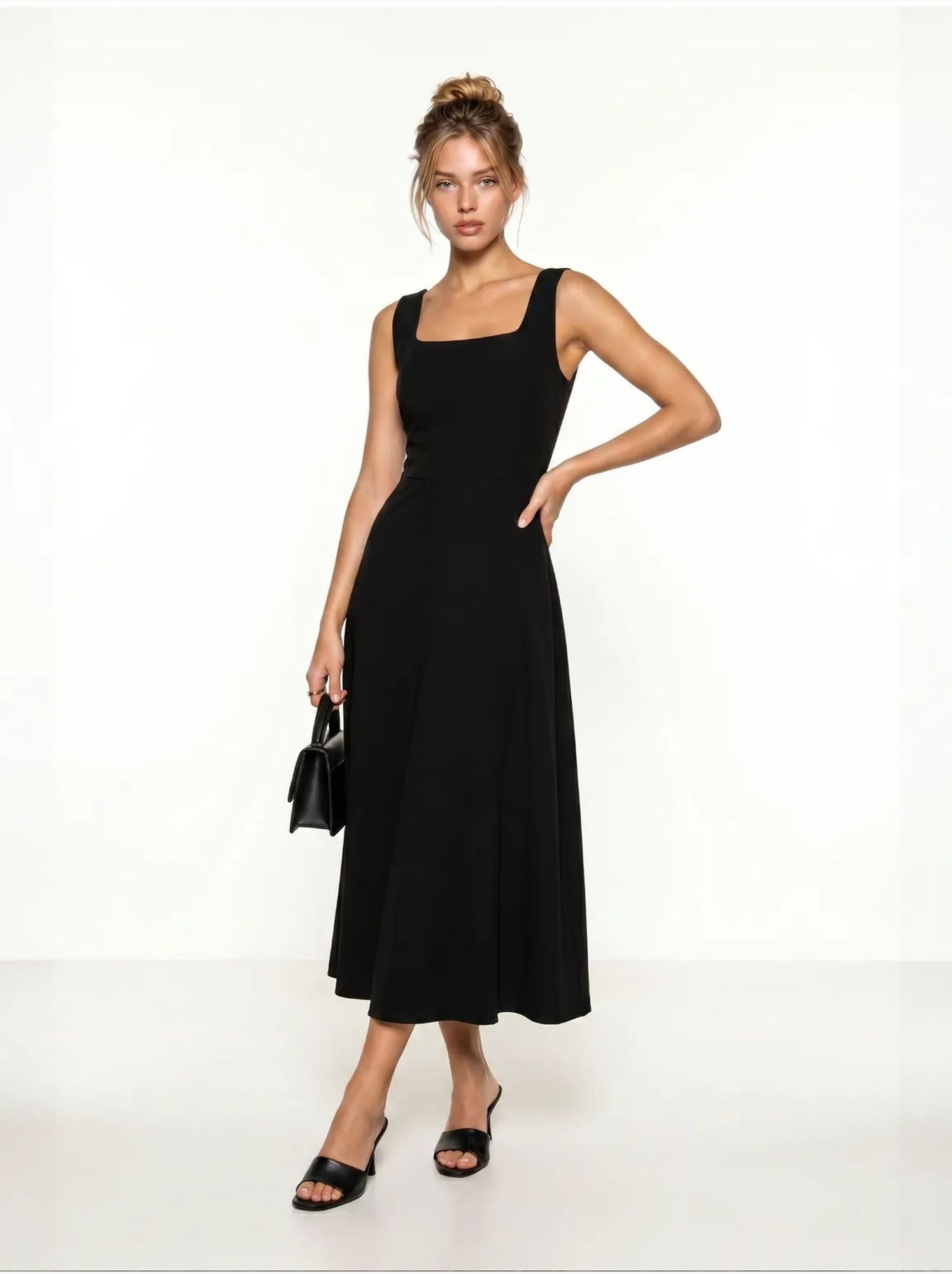 Robe midi trapèze en popeline de coton istanbul - Noir