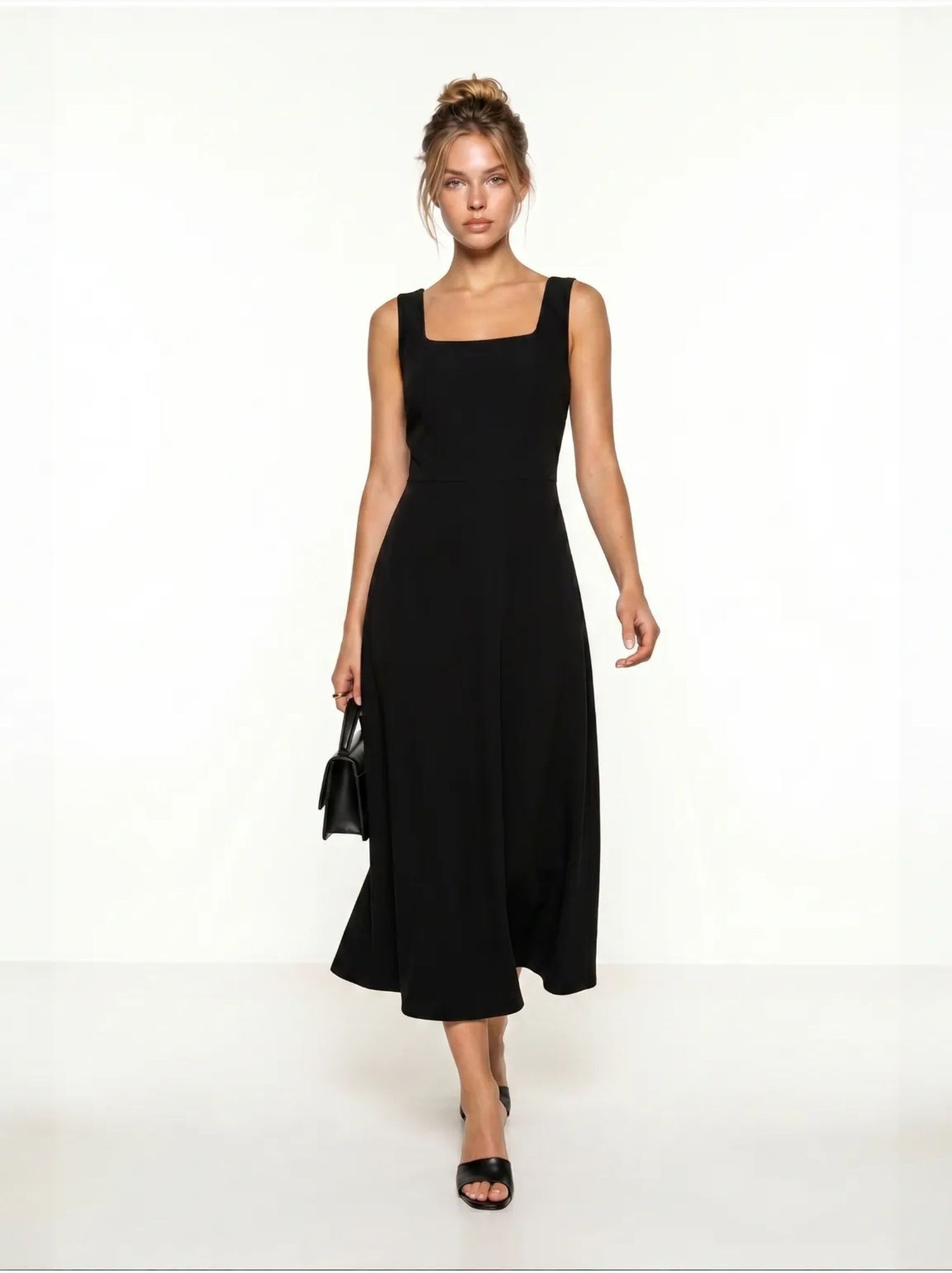 Robe midi trapèze en popeline de coton istanbul - Noir