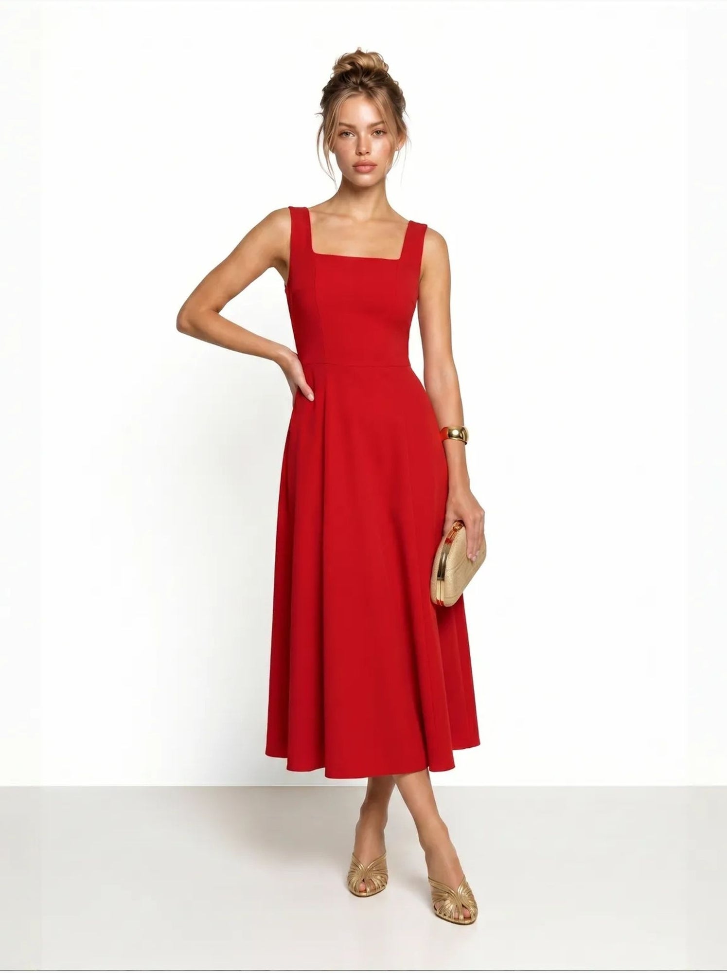 Robe midi trapèze en popeline de coton istanbul - Rouge
