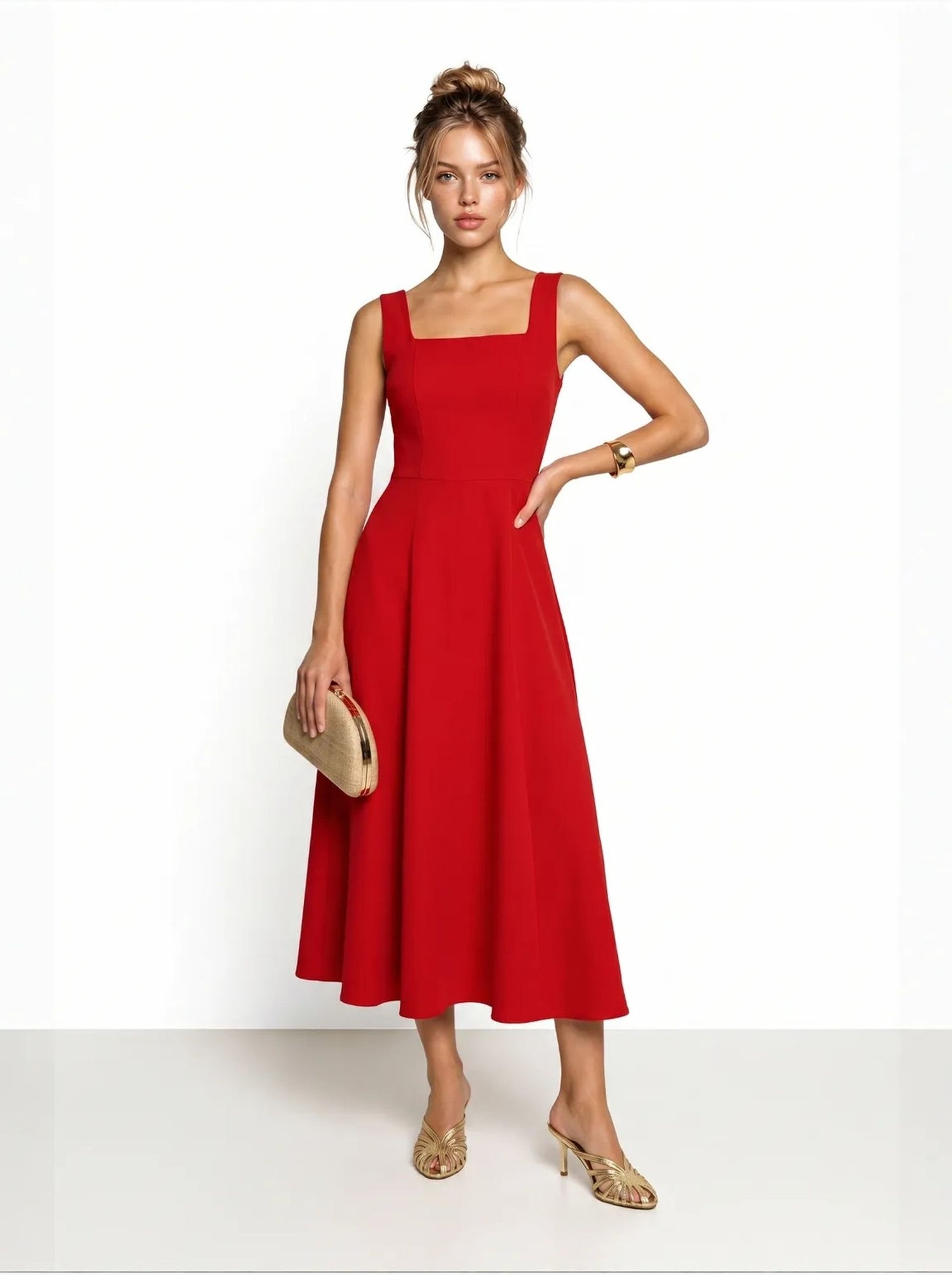 Robe midi trapèze en popeline de coton istanbul - Rouge