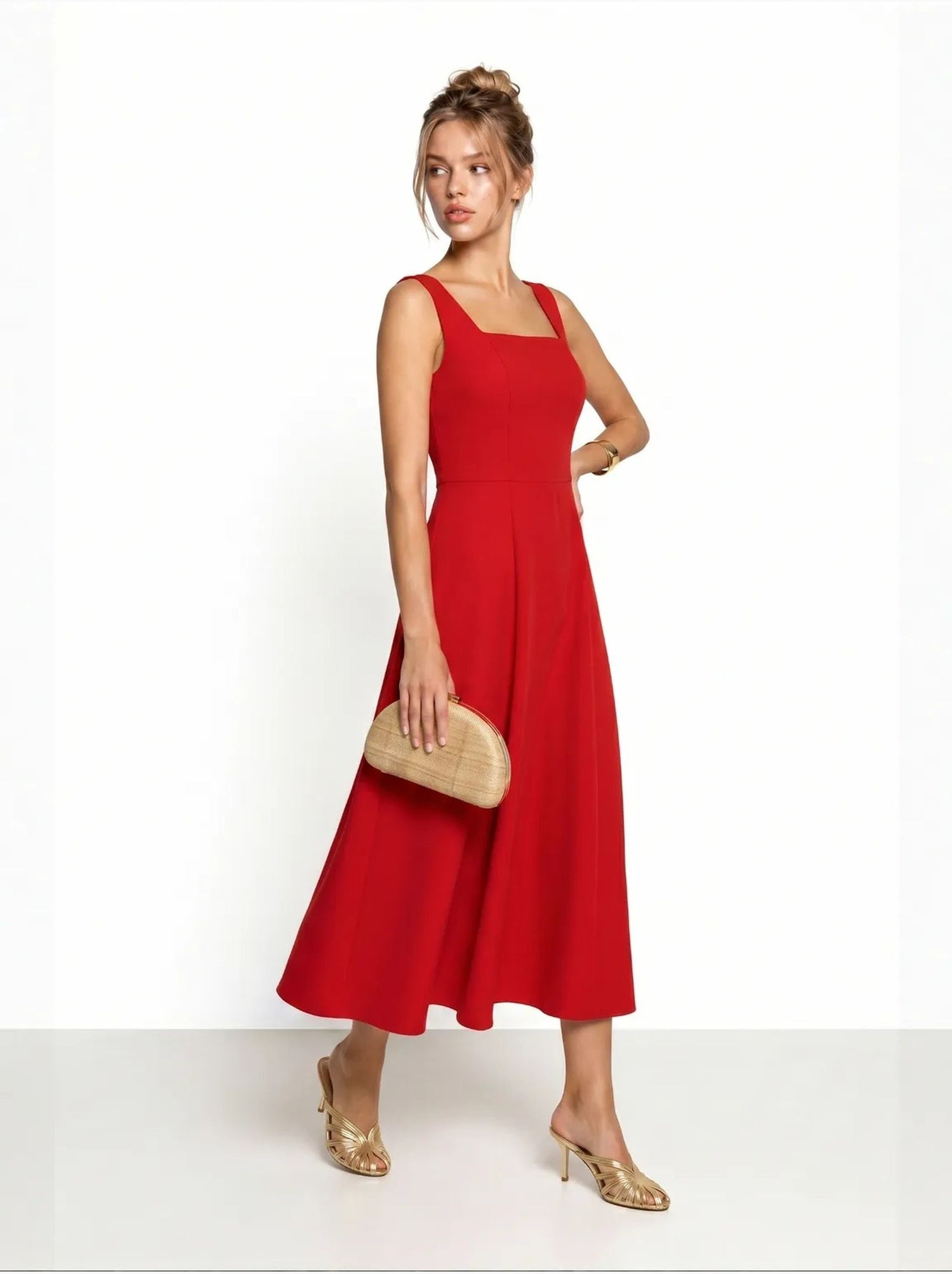 Robe midi trapèze en popeline de coton istanbul - Rouge