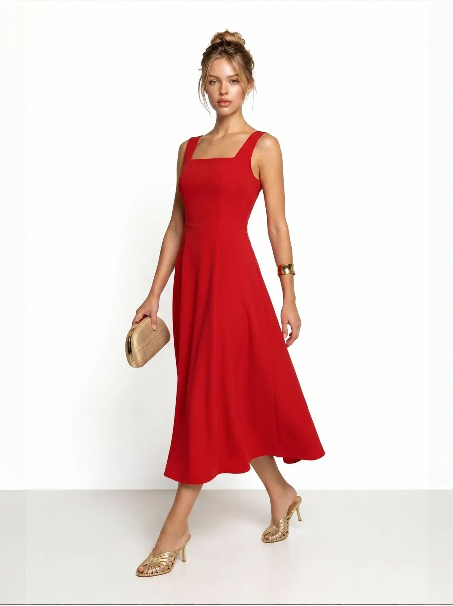 Robe midi trapèze en popeline de coton istanbul - Rouge