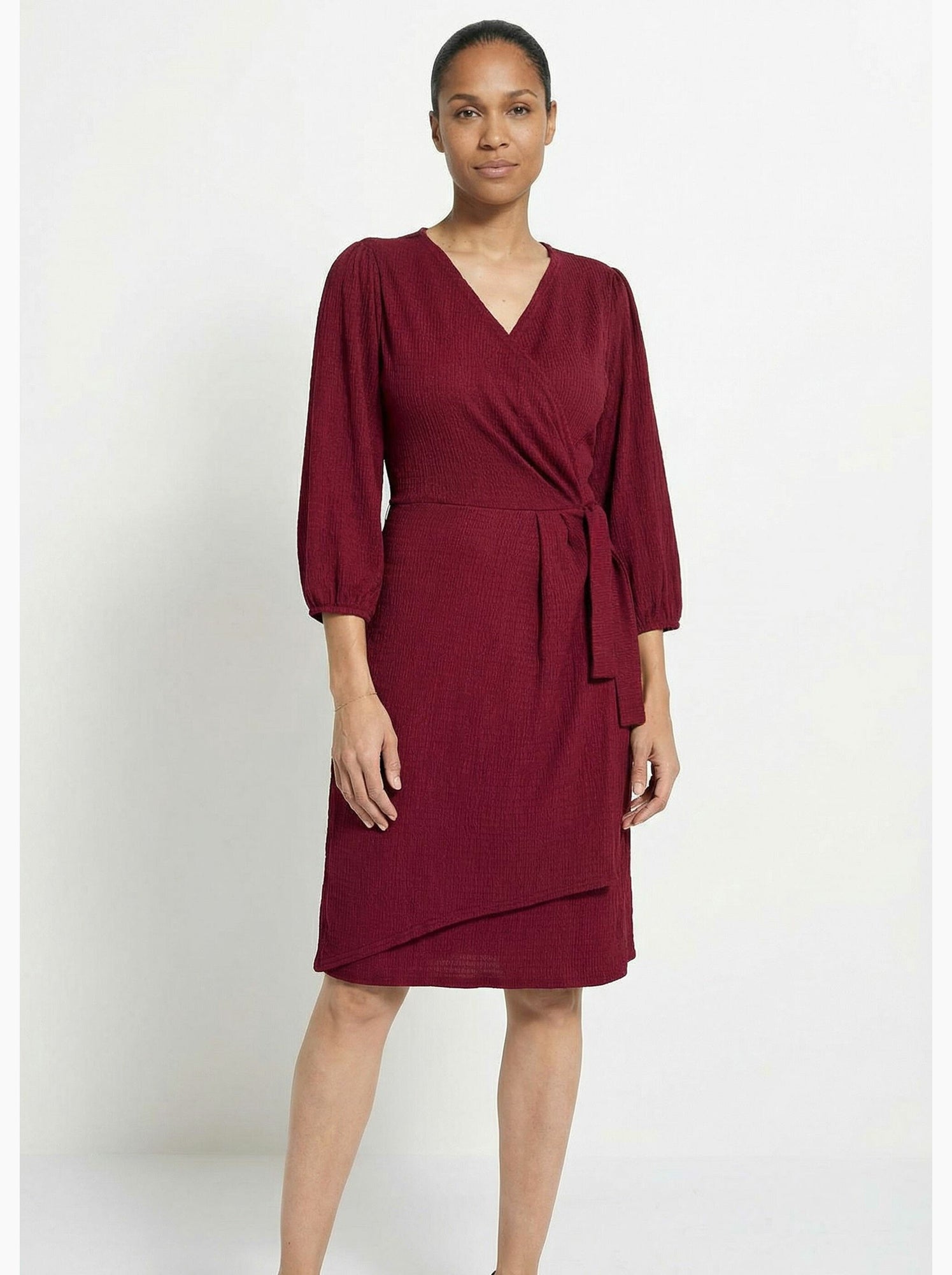 Robe portefeuille en maille gaufrée - afibel - Bordeaux