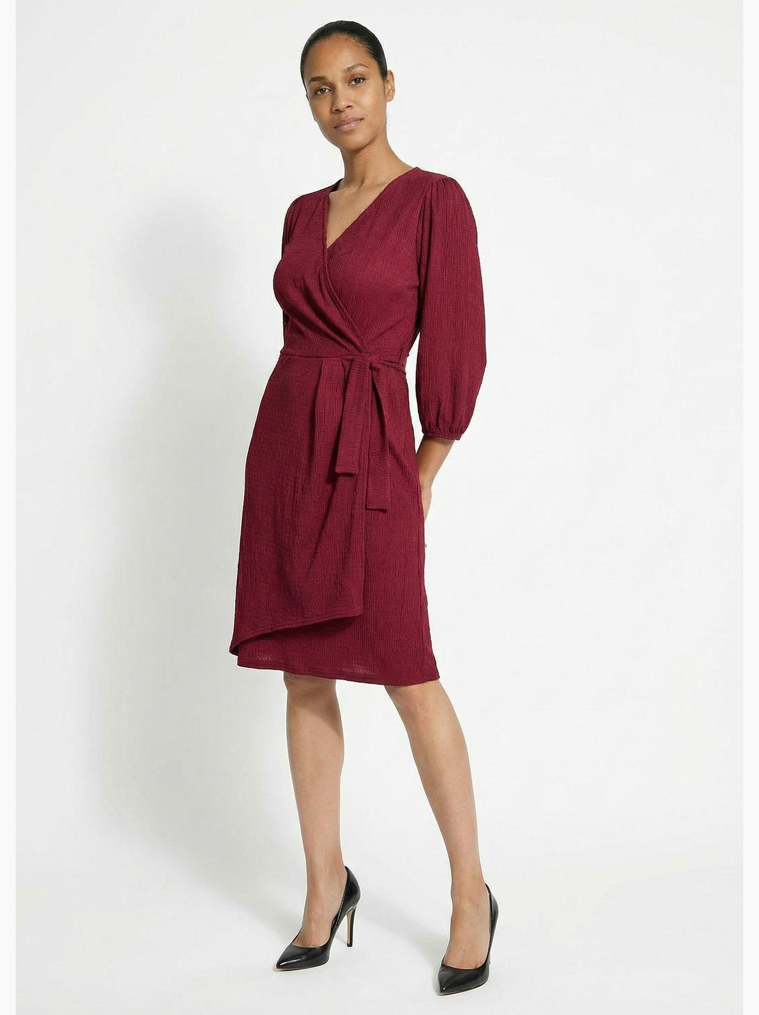 Robe portefeuille en maille gaufrée - afibel - Bordeaux