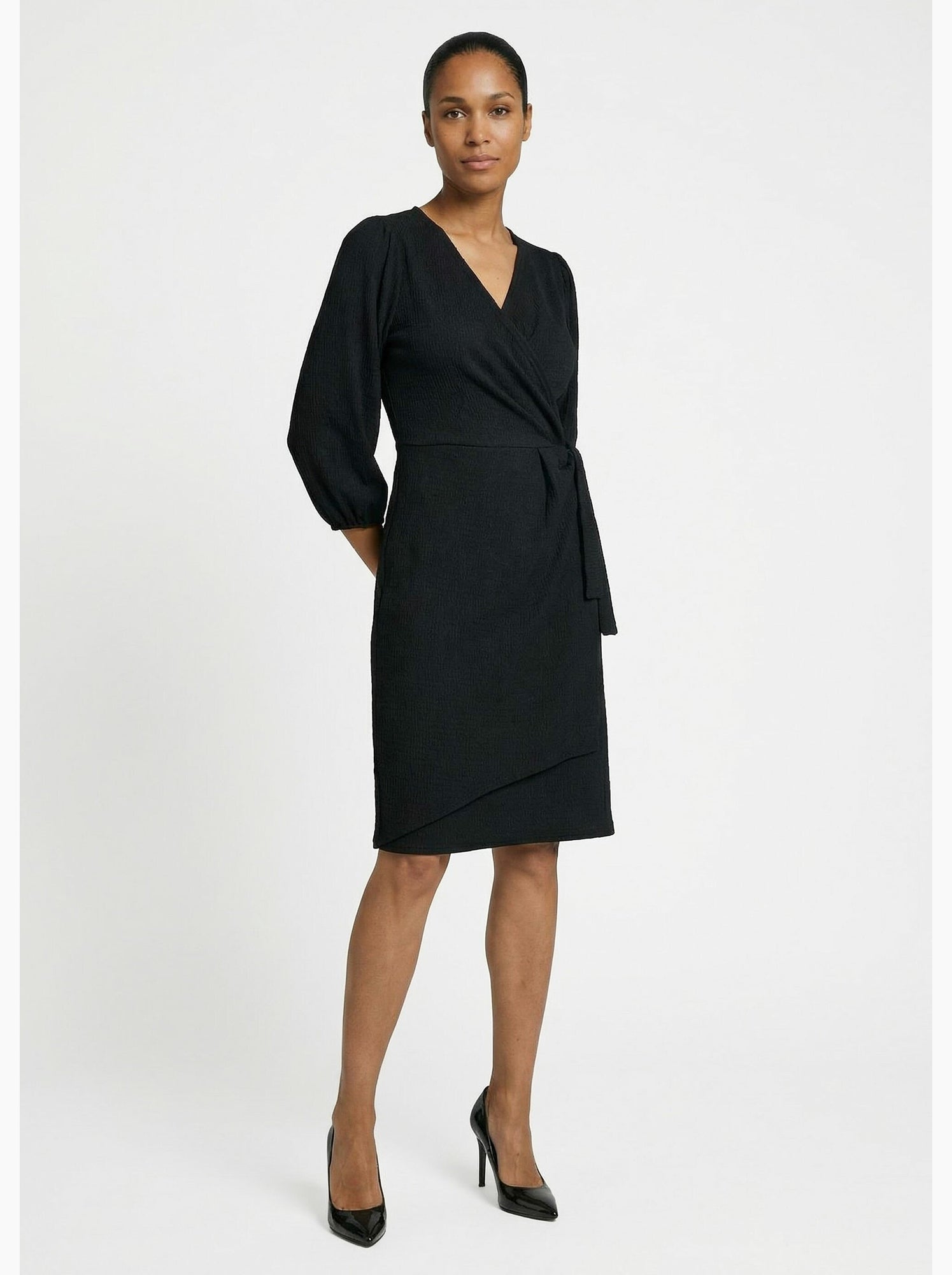 Robe portefeuille en maille gaufrée - afibel - Noir