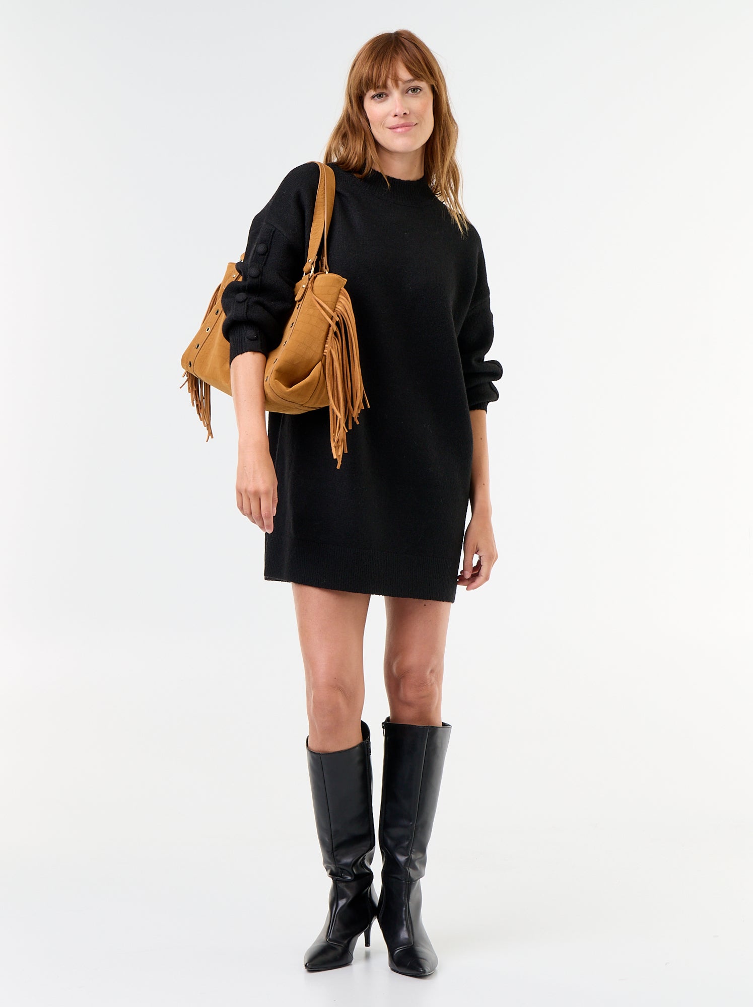 Robe pull courte avec manches boutonnées - Noir