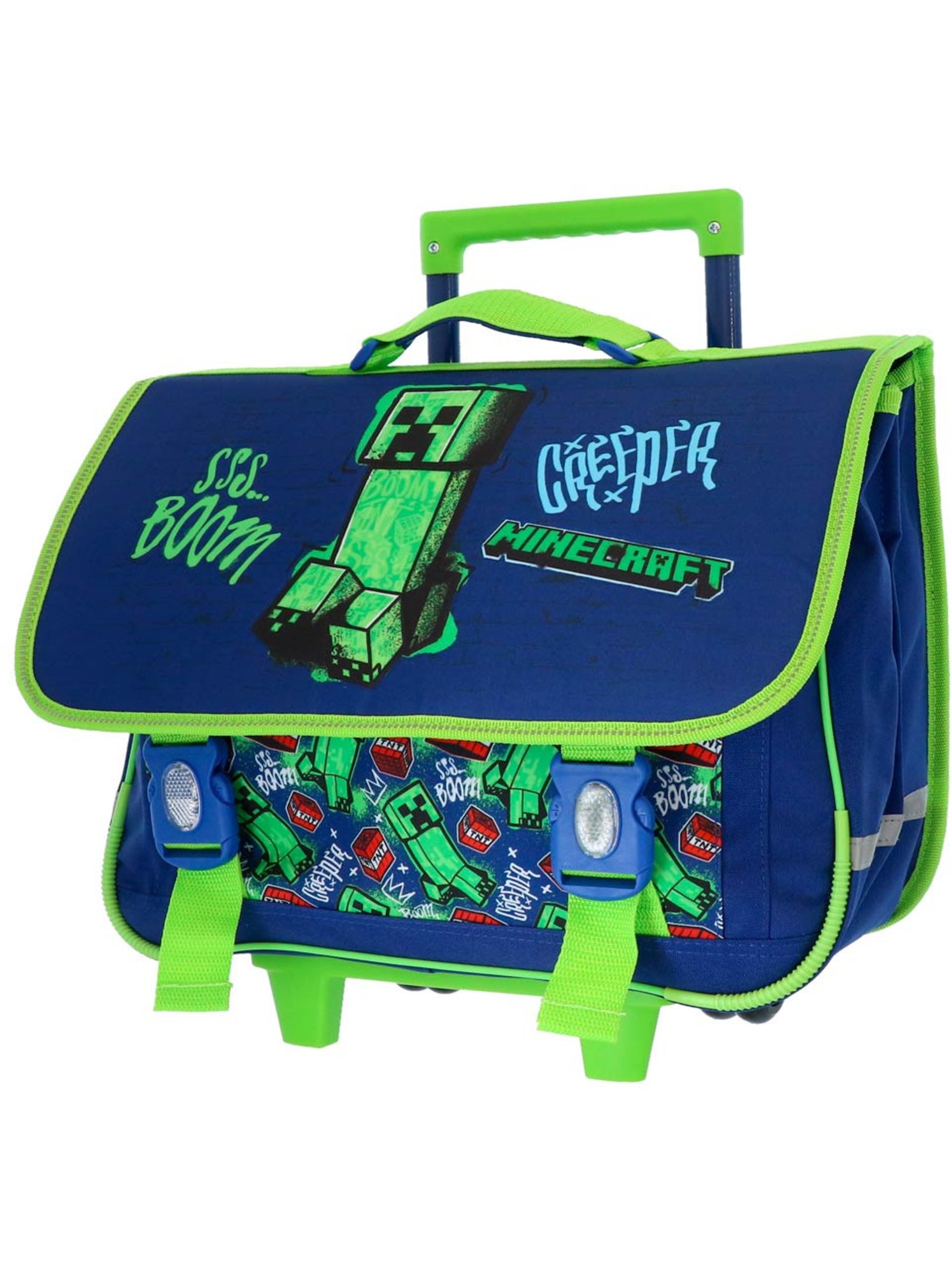 Sac à dos à roulettes minecraft creeper boom 41 cm avec 2 roues - Bleu