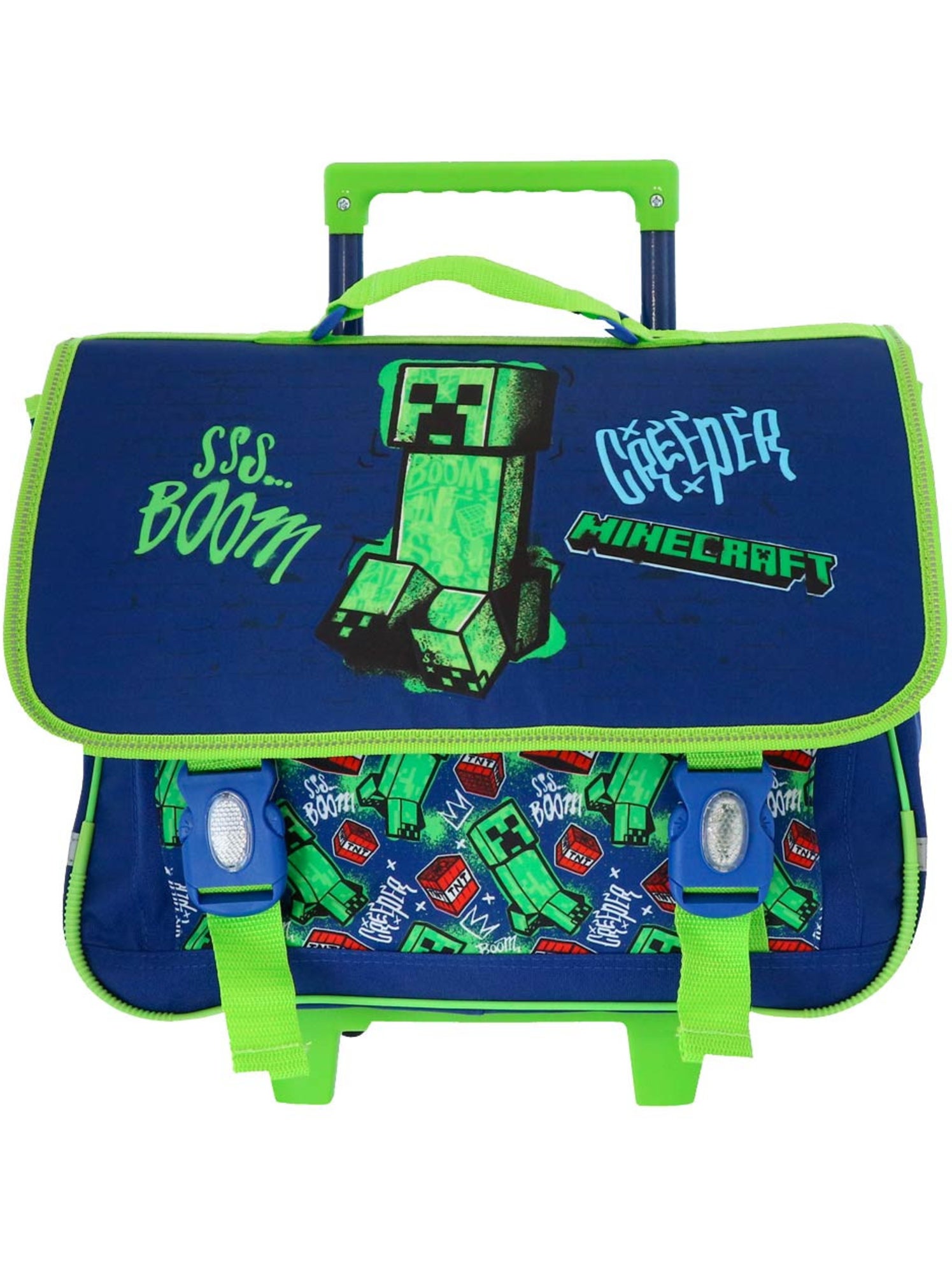 Sac à dos à roulettes minecraft creeper boom 41 cm avec 2 roues - Bleu