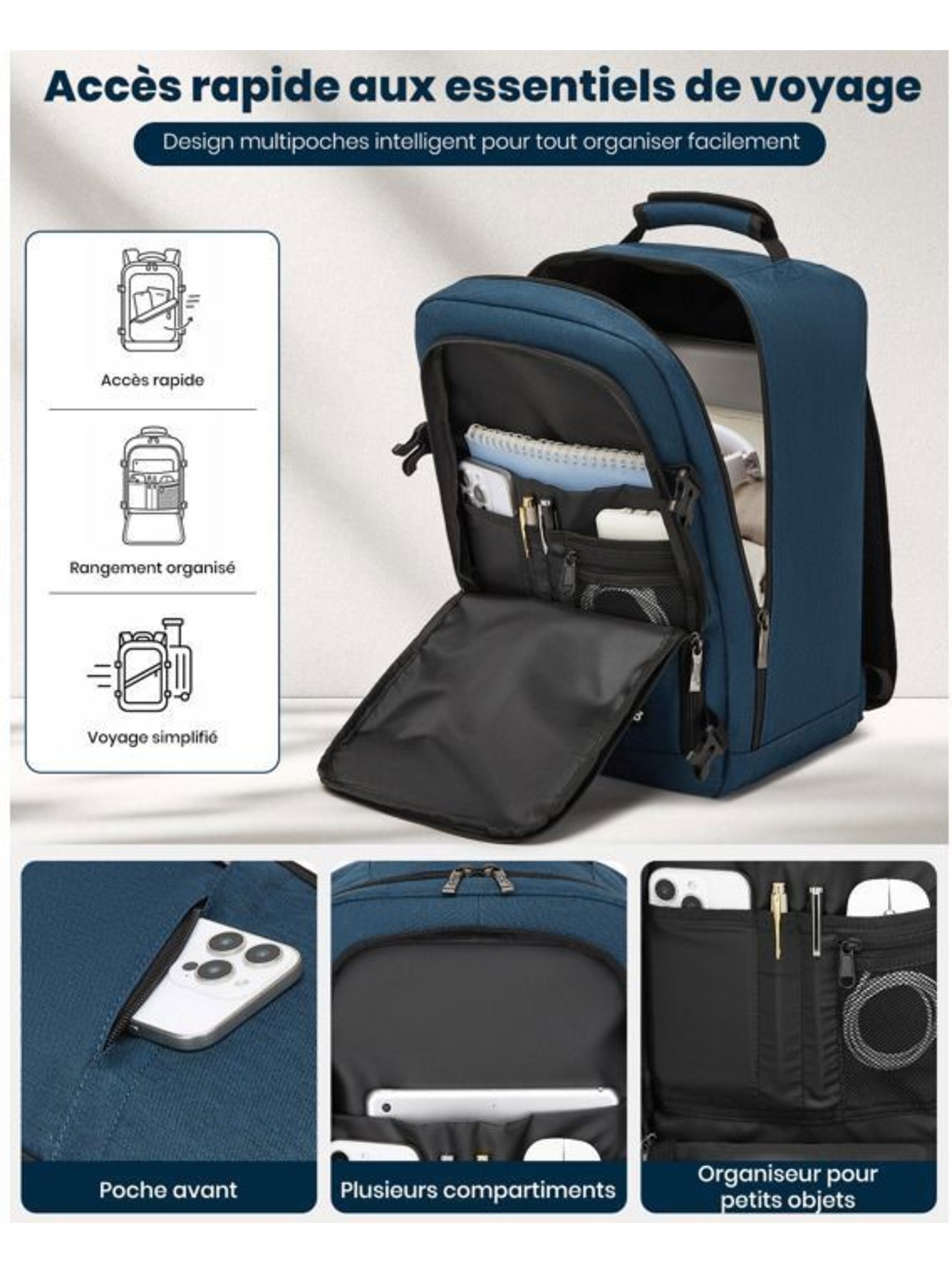 Sac à dos cabine 40x20x25 cm 20 l sous-siège ryanair - kono - Bleu
