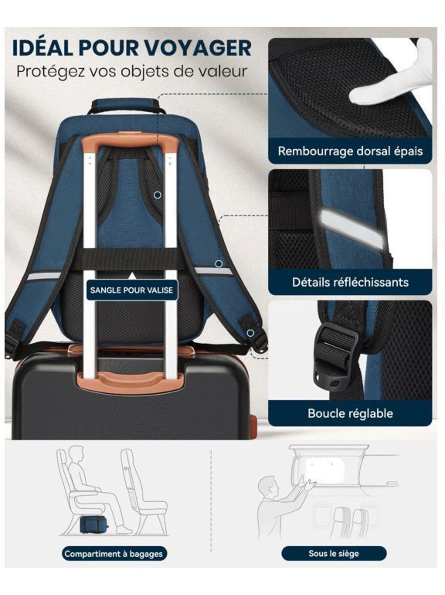 Sac à dos cabine 40x20x25 cm 20 l sous-siège ryanair - kono - Bleu
