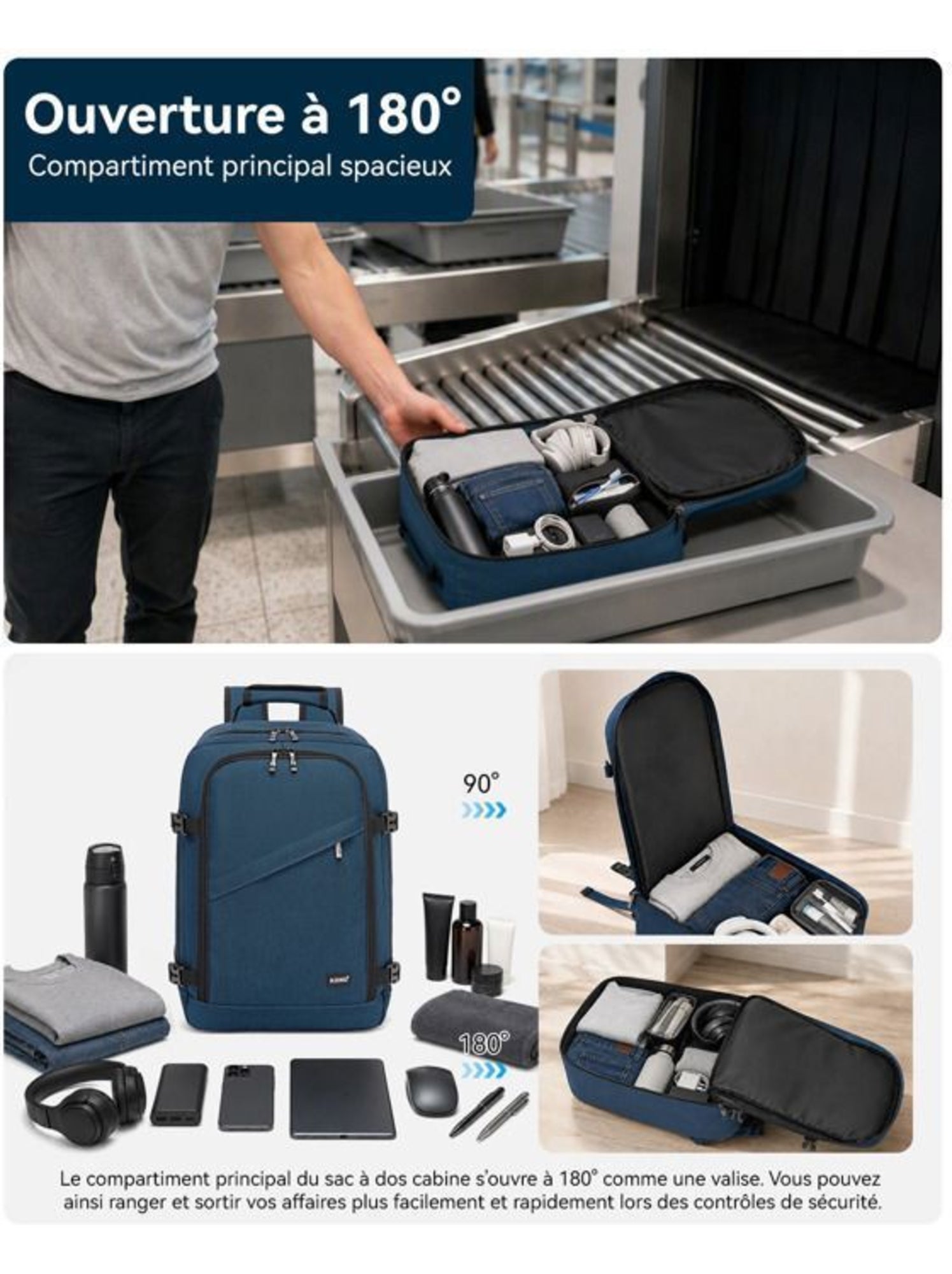 Sac à dos cabine 40x20x25 cm 20 l sous-siège ryanair - kono - Bleu