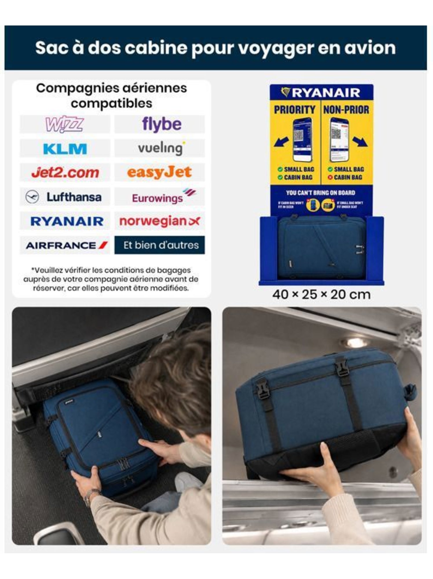Sac à dos cabine 40x20x25 cm 20 l sous-siège ryanair - kono - Bleu
