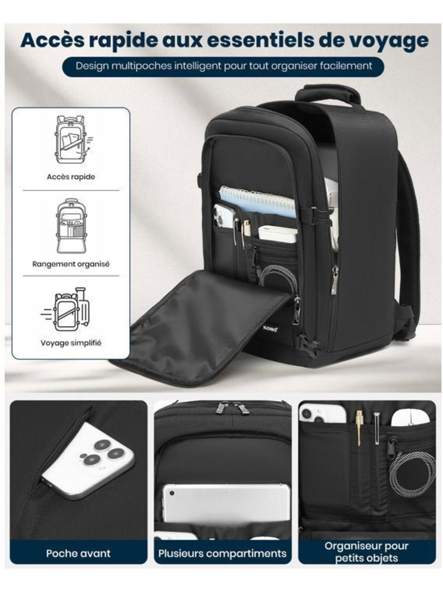 Sac à dos cabine 40x20x25 cm 20 l sous-siège ryanair - kono - Noir